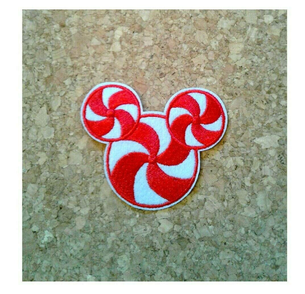 Mickey Mouse Christmas Candy Cane Peppermint Embroidered Iron On Patch for DIY Holiday Sweaters, Jackets & Gift Decorations