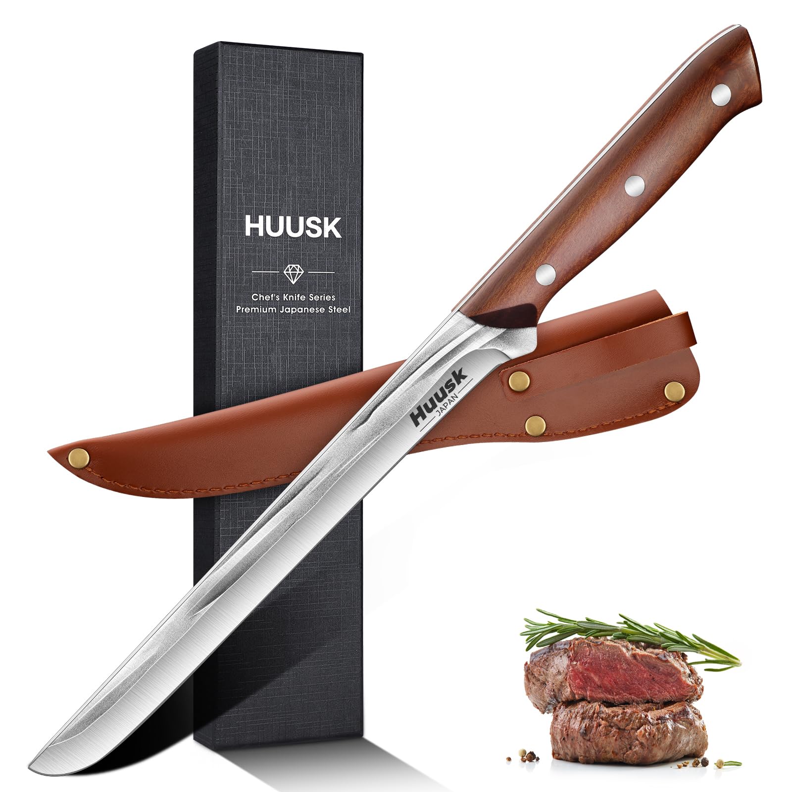 Huusk 8.5 Inch Professional High Carbon Brisket Trimming Knife - Hand Forged Meat Carving & Butcher Knife with Sheath | Perfect for Kitchen Cooking, BBQ, Camping & Father's Day Gifts