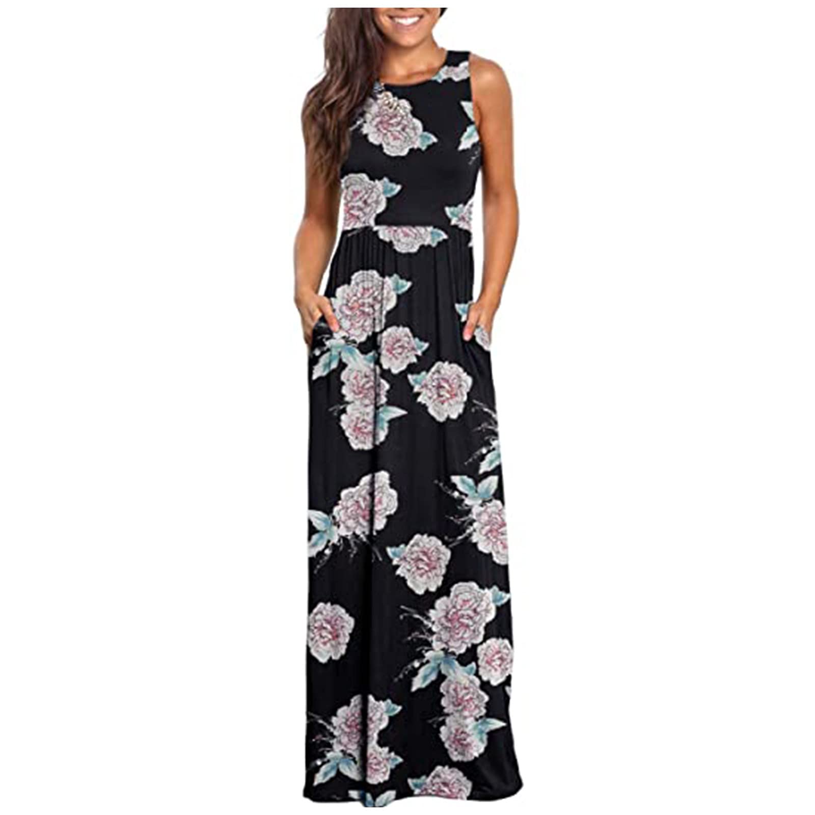 Masbird Women's Summer Sleeveless Floral Striped Maxi Dress - Flowy Casual Long Dress with Pockets for Beach, Vacation & Outdoor Activities