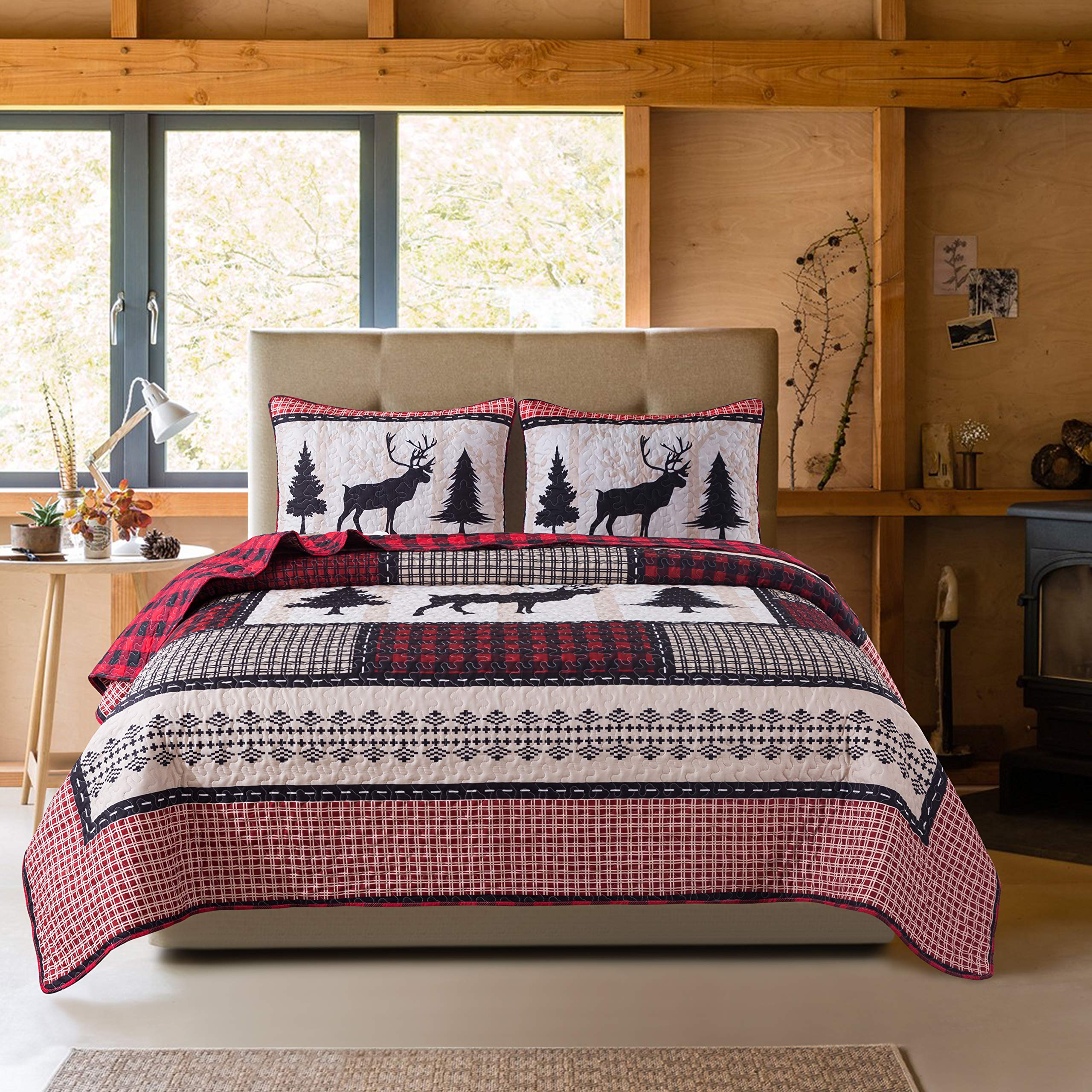 Deer Pine Quilt Set Queen - Christmas Buffalo Plaid Bedspread for Cozy Winter Nights