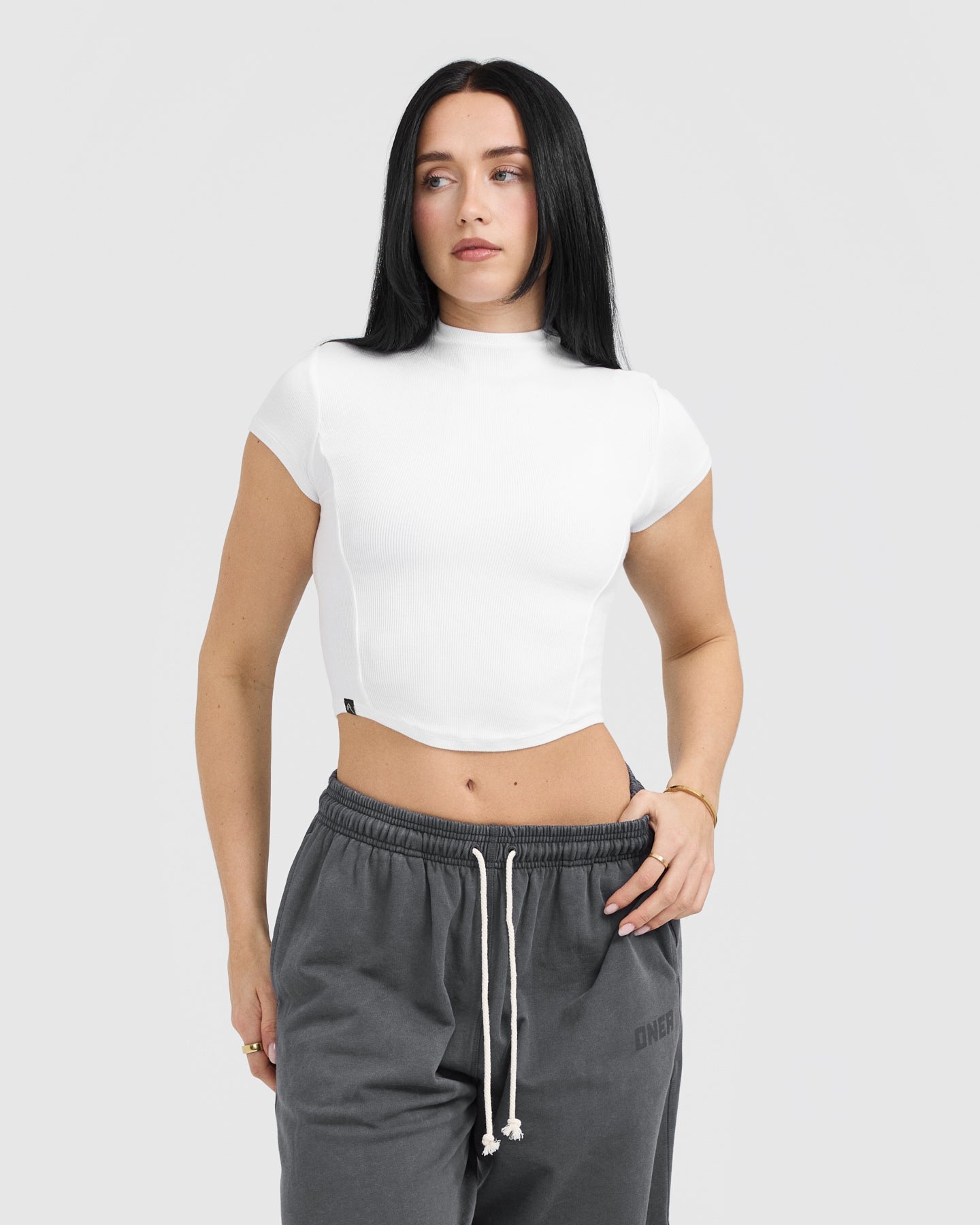 Mellow™ Rib Mid Mock Neck T-Shirt for Women - Soft & Comfortable White Cotton Tee | Perfect for Casual Wear, Layering & Everyday Outfits