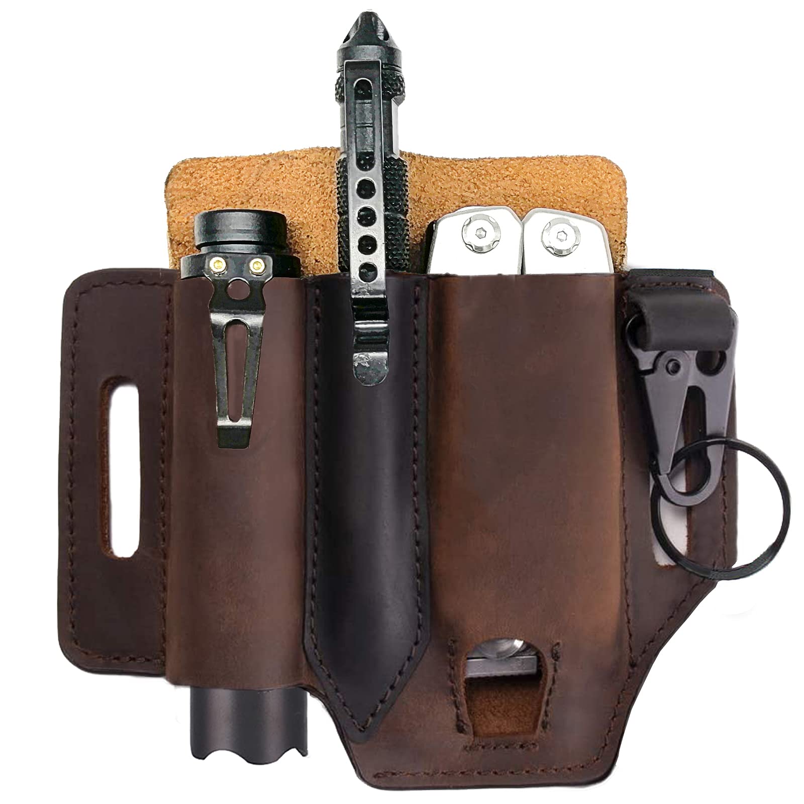 EDC Leather Pocket Organizer - Knife Belt Sheath, Flashlight Holster & Tactical Pen Holder - Multi-Tool Leather Sheath with Keychain (Brown) - Perfect for Outdoor Adventures, Camping & Everyday Carry
