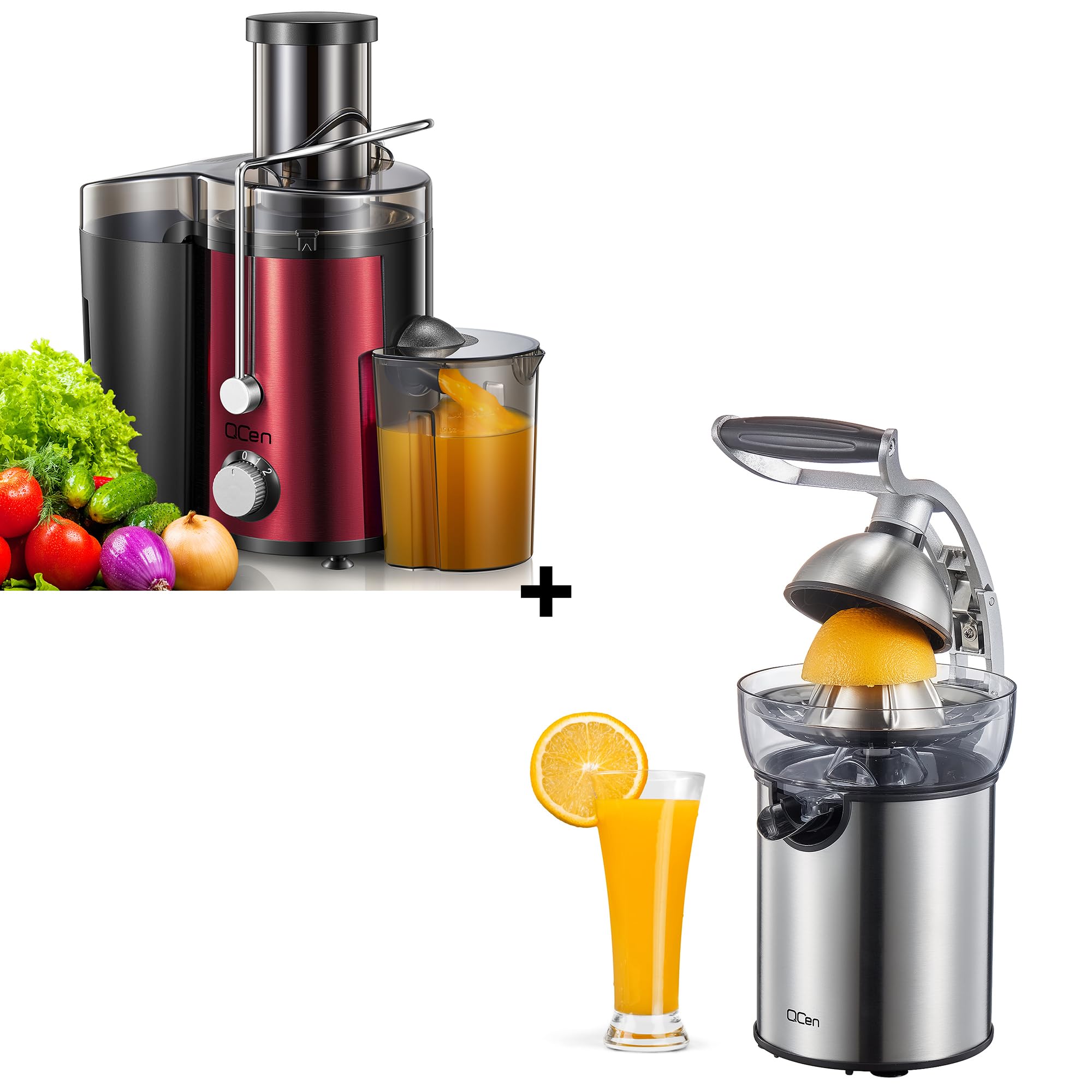 QCen 800W High-Power Juicer Machine - Metallic Red Electric Citrus Juicer Squeezer Bundle for Fresh Orange, Lemon & Grapefruit Juice - Perfect for Home, Restaurant & Juice Bar Use