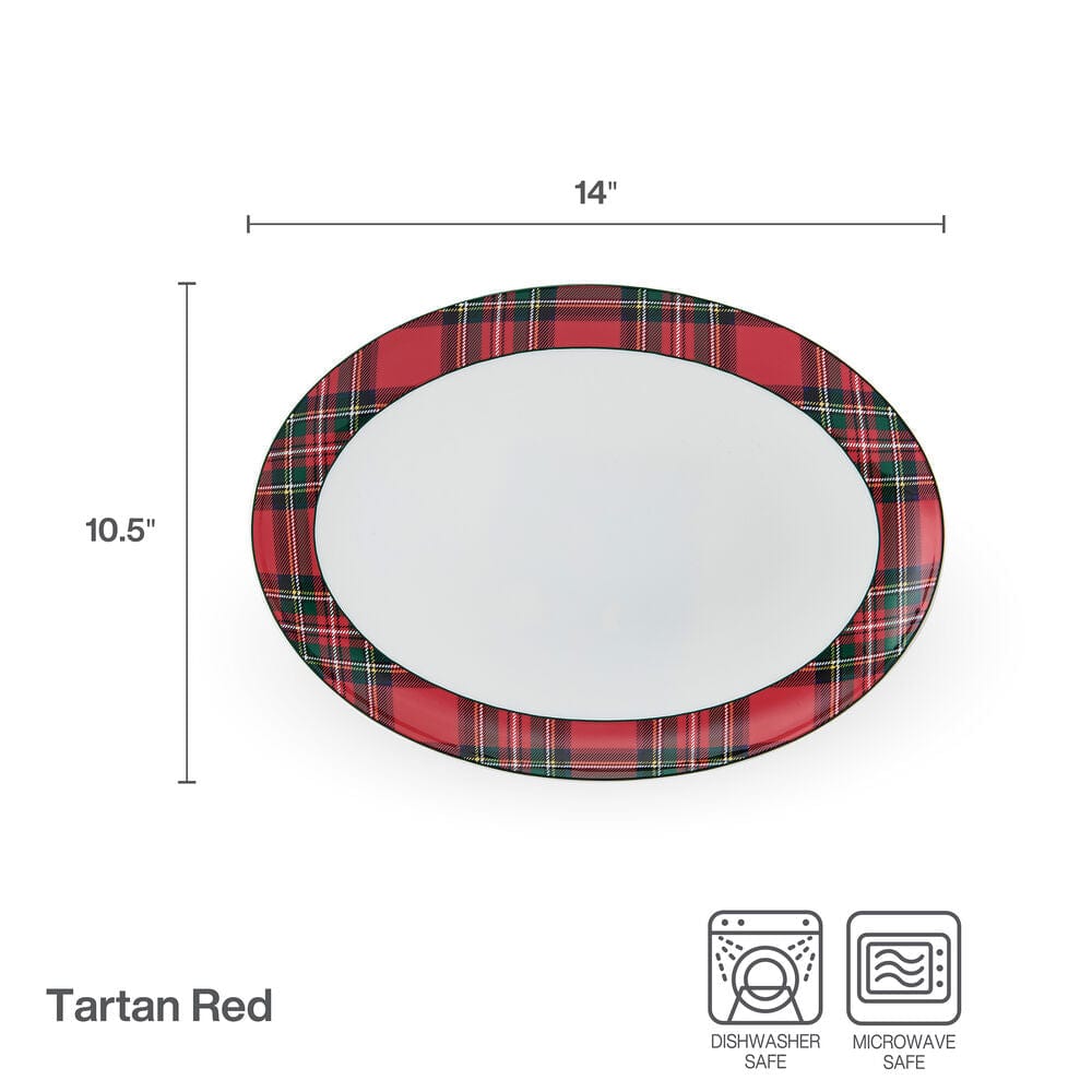 Elegant Tartan Red Oval Platter - Premium Ceramic Serving Dish for Holiday Dinners, Party Appetizers & Home Decor | Perfect for Thanksgiving, Christmas & Entertaining Guests