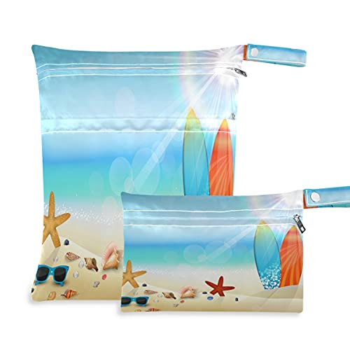 2 Pack Waterproof Wet Dry Bags - Reusable Beach Swim Bag for Diapers, Swimsuits & Toiletries | Sandproof Travel Organizer for Pool, Gym, Stroller & Outdoor Activities (Starfish Shell Ocean Design)
