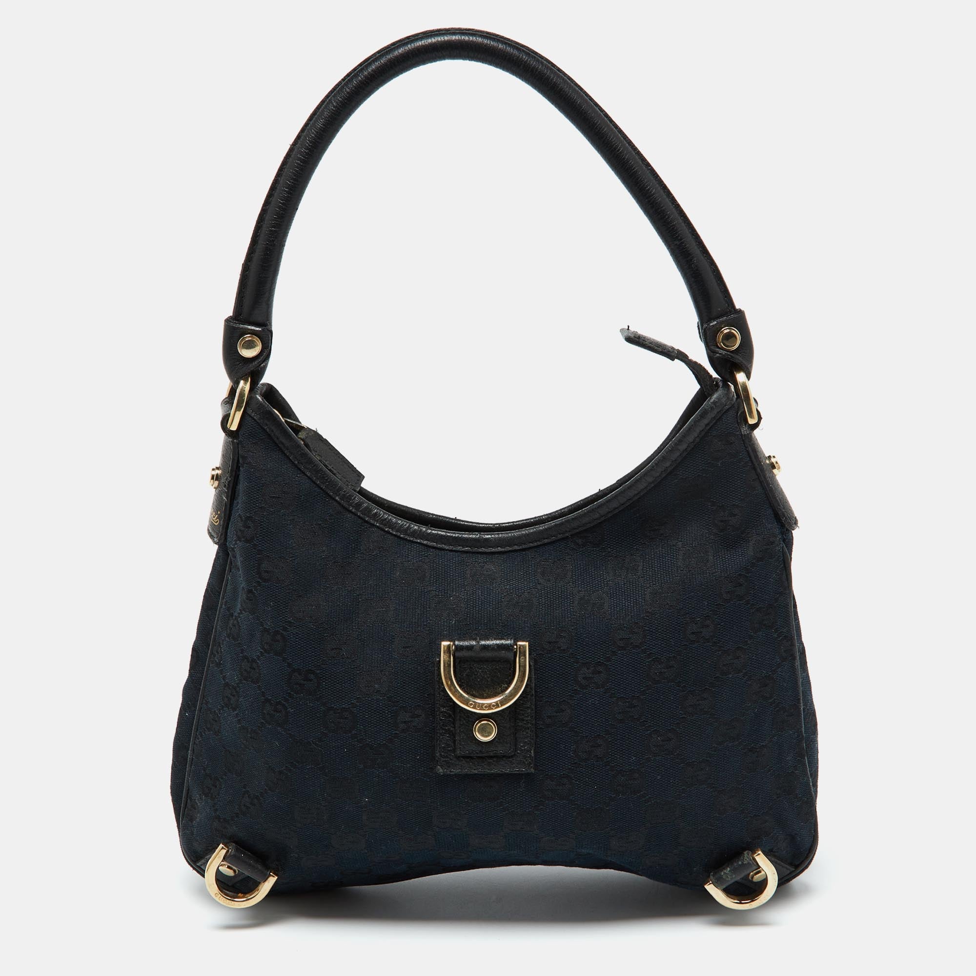Black GG Canvas and Leather Abbey D Ring Hobo Bag - Stylish Shoulder Tote for Women | Perfect for Work, Travel & Everyday Use