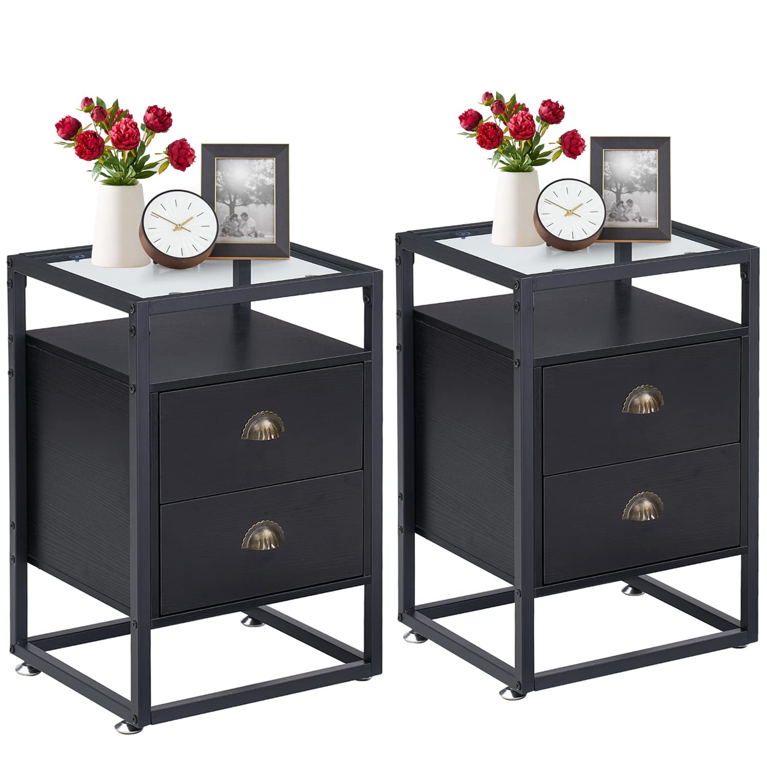 VECELO Modern End Side Table with Drawer & Shelf - Nightstand Cabinet for Bedroom, Living Room & Lounge - Black (2-Pack) - Perfect for Small Spaces, Storage & Home Decor