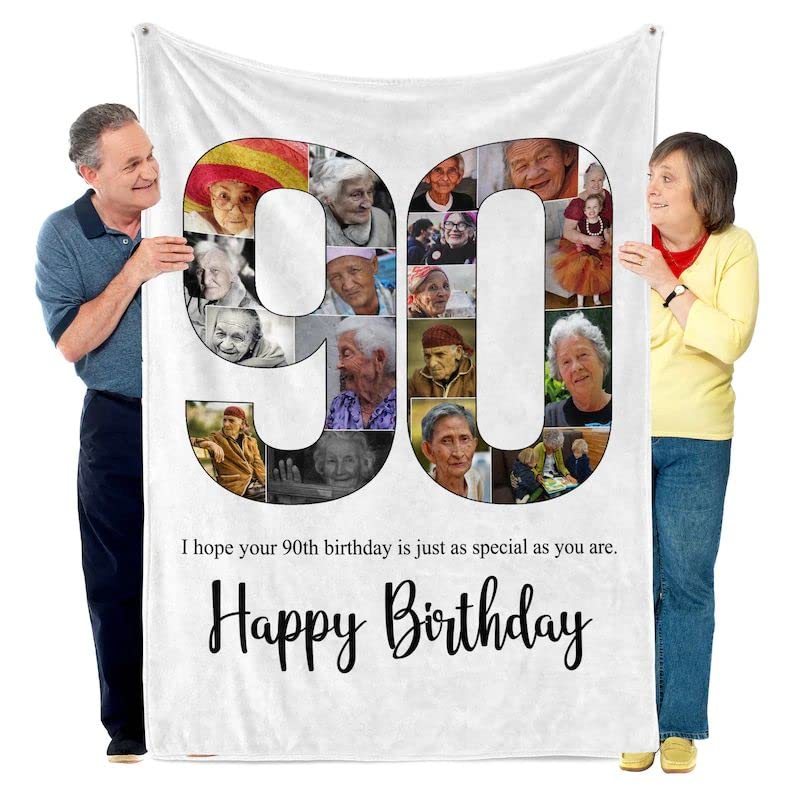 Personalized 90th Birthday Photo Blanket - Custom Grandpa & Grandma Gift for 90 Year Old Grandparents | Perfect Anniversary, Retirement & Family Keepsake Present