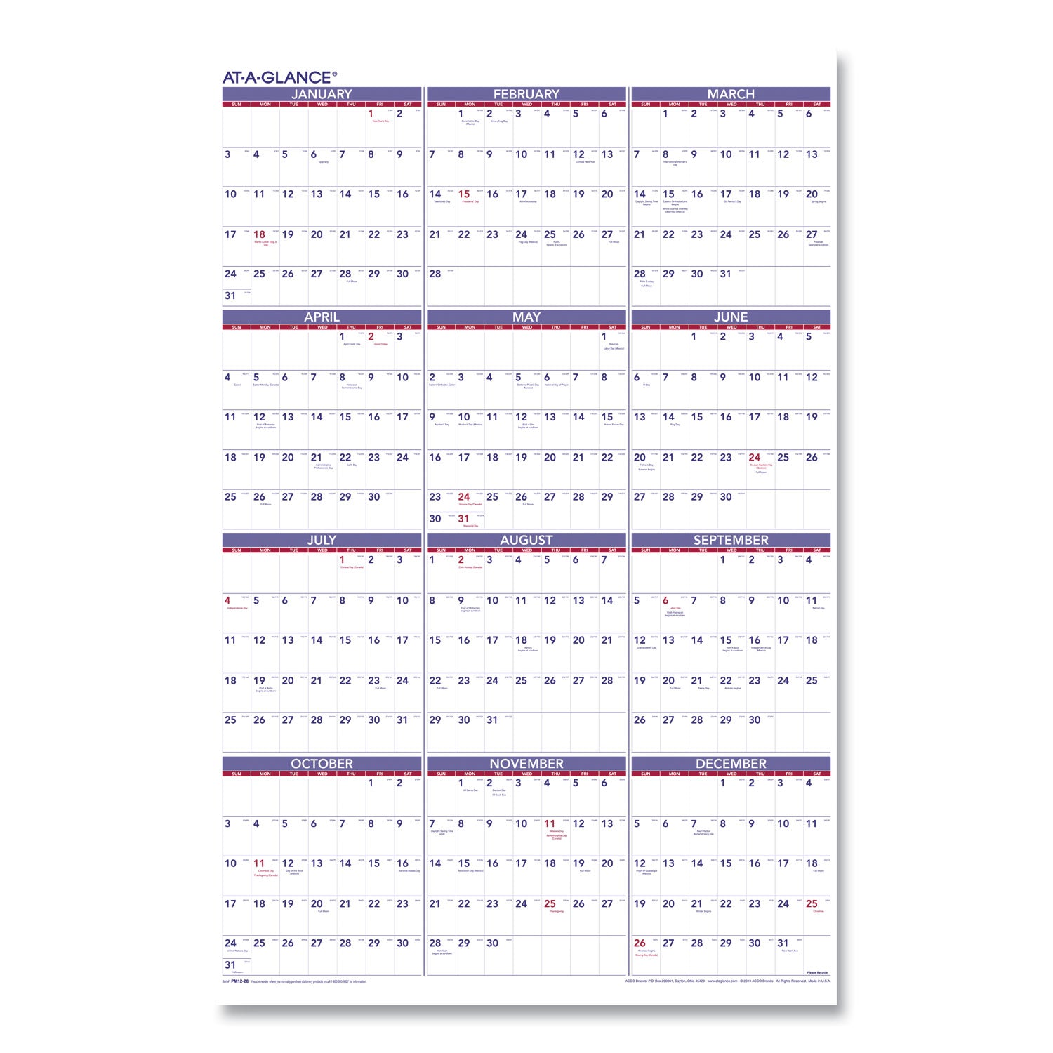 AT A GLANCE® 2025 Yearly Wall Calendar - 24 x 36 Inches, White Sheets, 12-Month (January to December) - Perfect for Office, Home & School Planning