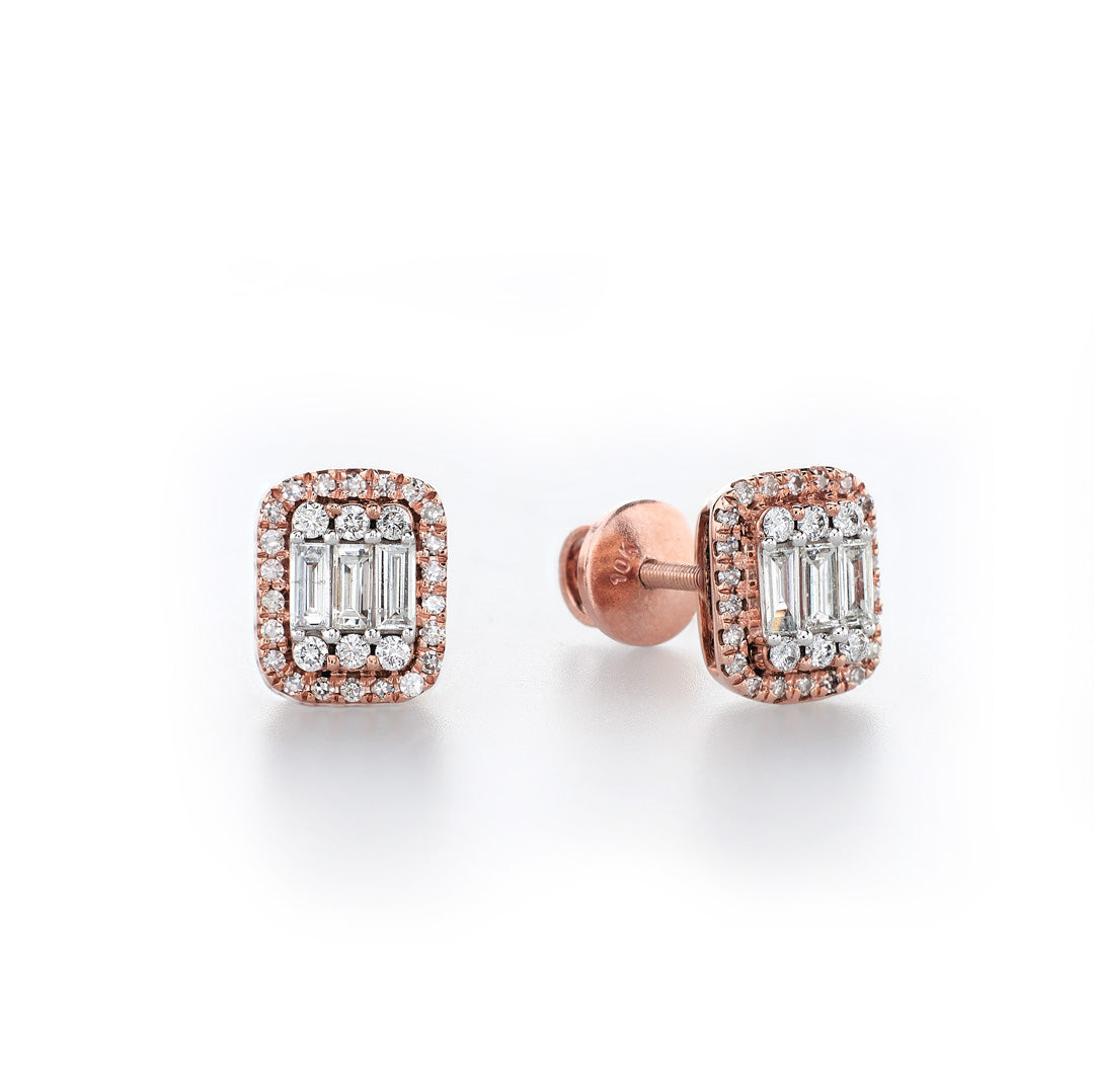 Rose Gold Halo Emerald Baguette Stud Earrings for Women - Elegant Dainty Jewelry Gift for Birthday, Anniversary & Special Occasions