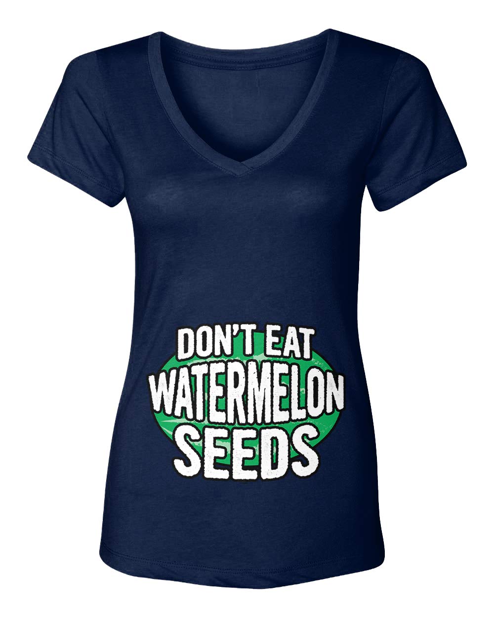 Funny Pregnancy Women's V-Neck T-Shirt - Don't Eat Watermelon Seeds Joke - Comfortable Maternity Tee for Baby Shower & Gender Reveal Parties