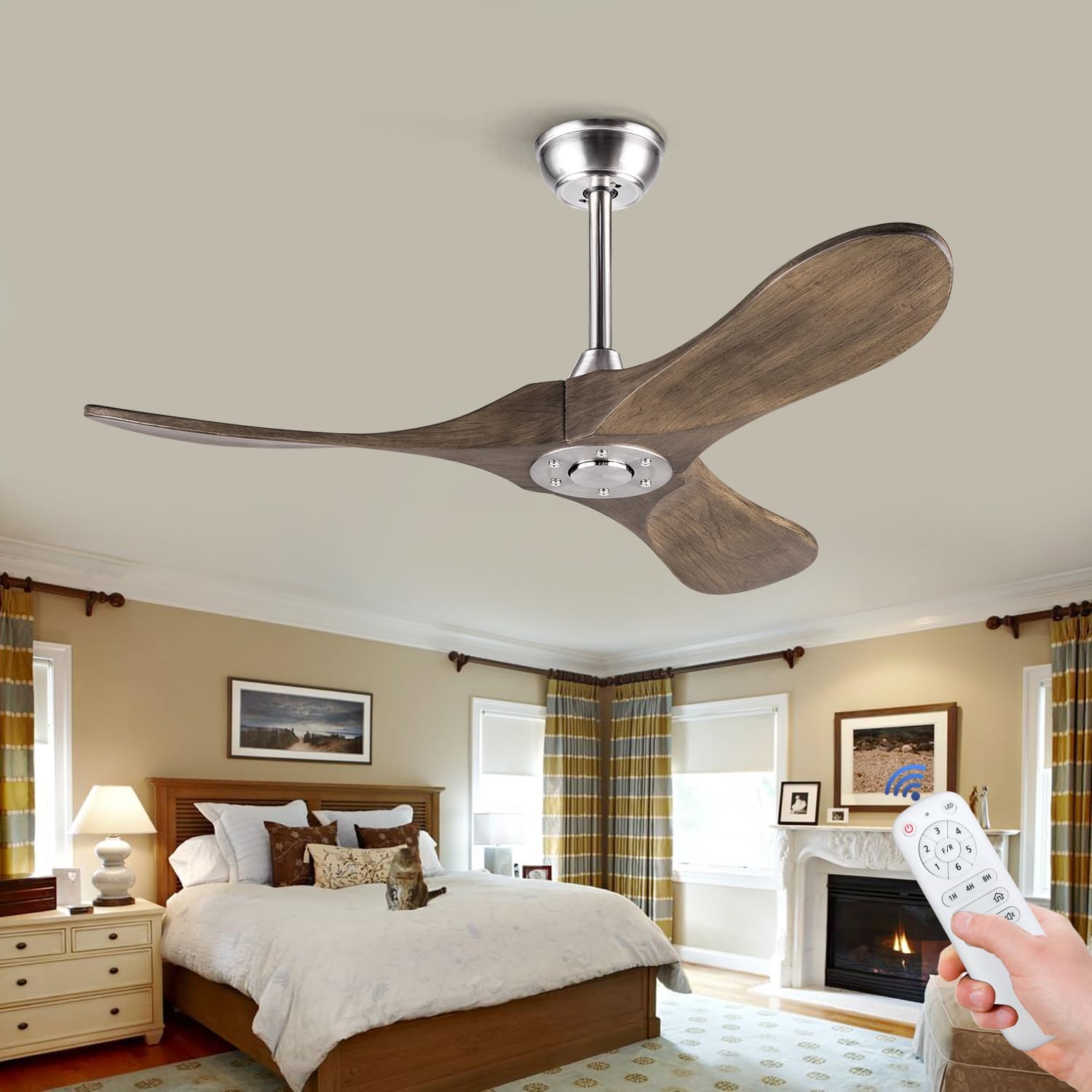 42 Inch Wood Ceiling Fan No Light with Remote - Quiet DC Motor, 6 Speed, Brushed Nickel - Ideal for Living Room, Patio, Porch & Outdoor Spaces - BOJUE Energy Efficient Ceiling Fan