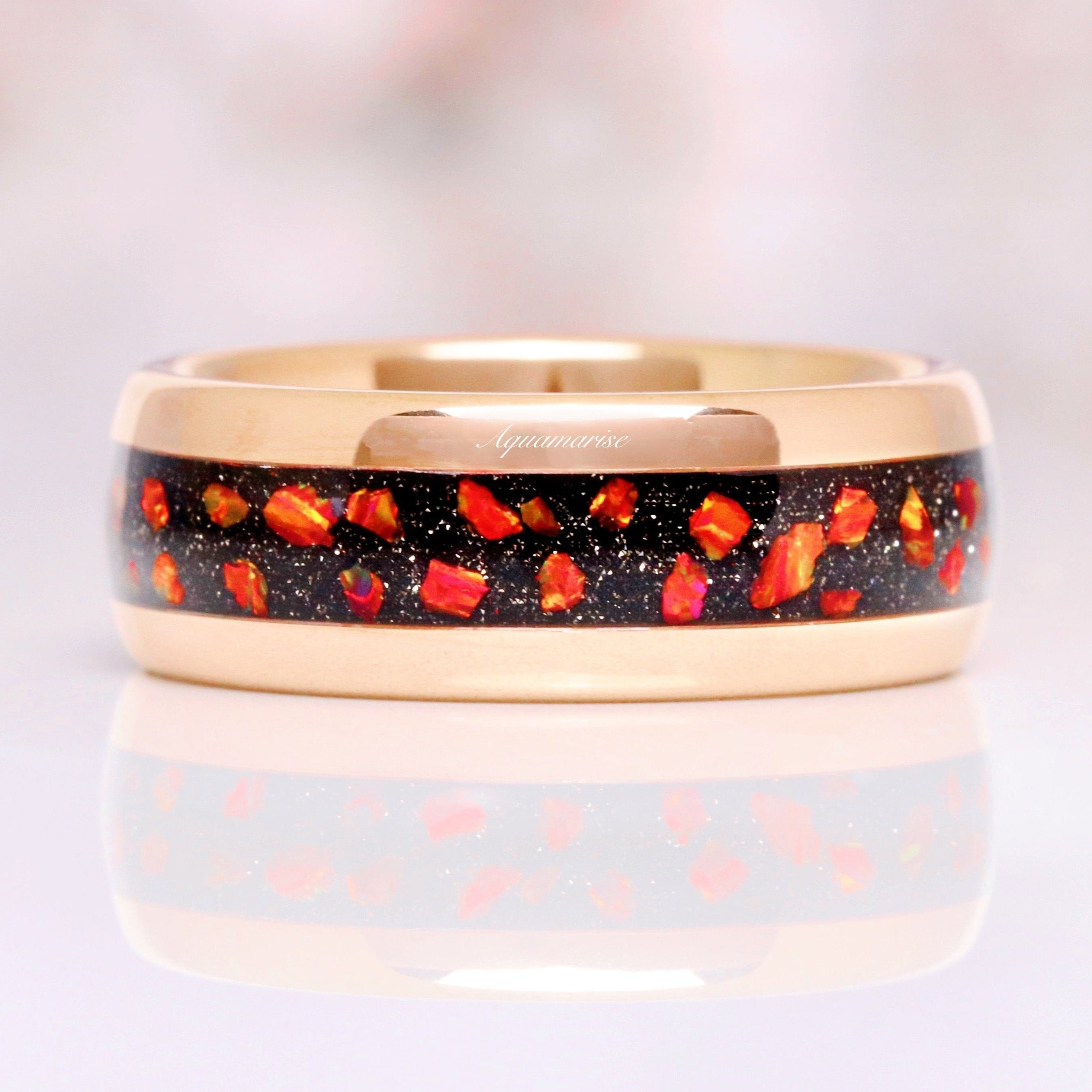 8MM Rose Gold Tungsten Wedding Band with Red Fire Opal & Starry Night Design - Perfect for Engagement Rings, Anniversary Gifts, and Special Occasions