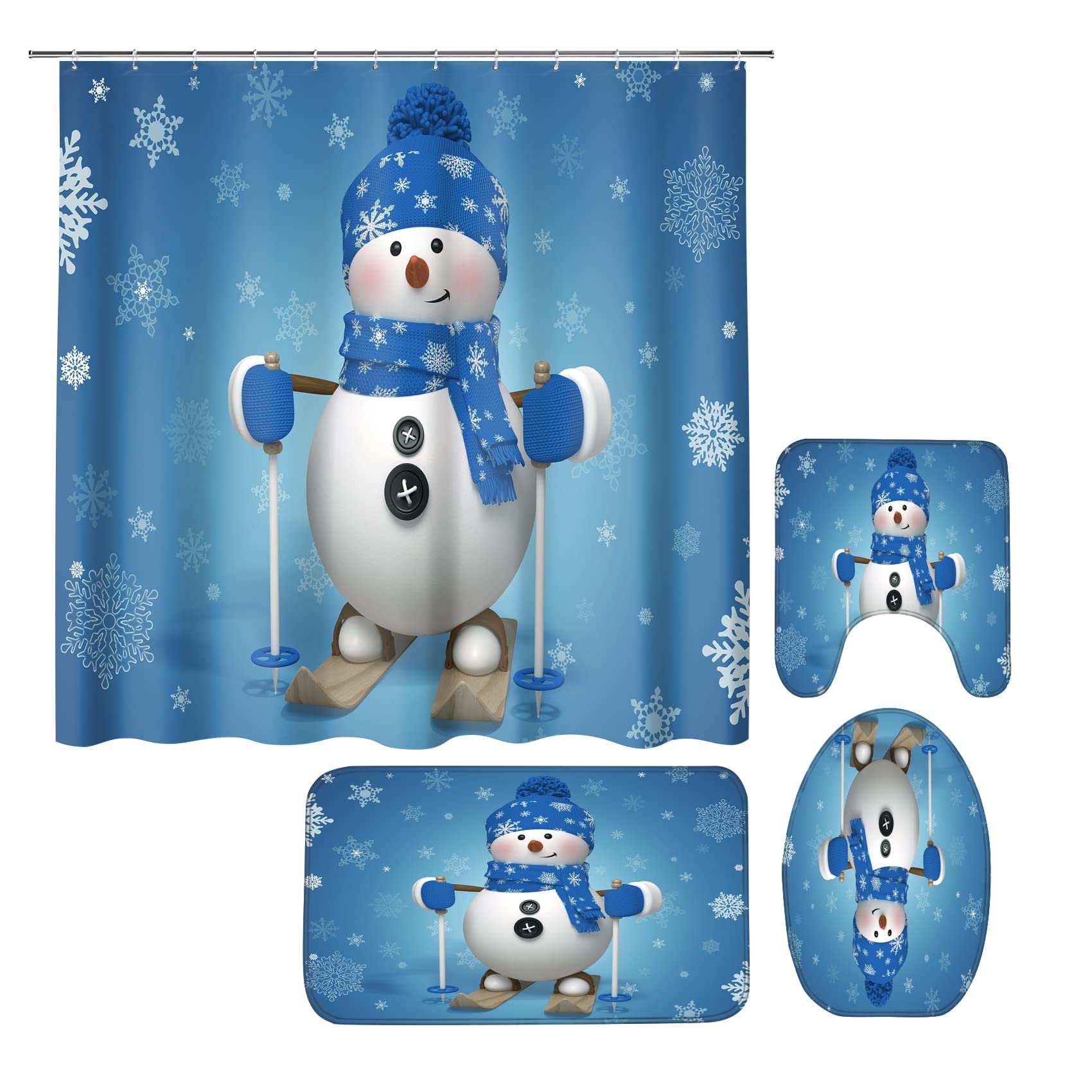 AZHM Christmas Shower Curtain Set with Non-Slip Bath Rug, Toilet Cover & Snowman Design - 4-Piece Waterproof Bathroom Decor with 12 Hooks | Perfect Holiday Gift for Xmas Decorations & Cozy Winter Bathroom