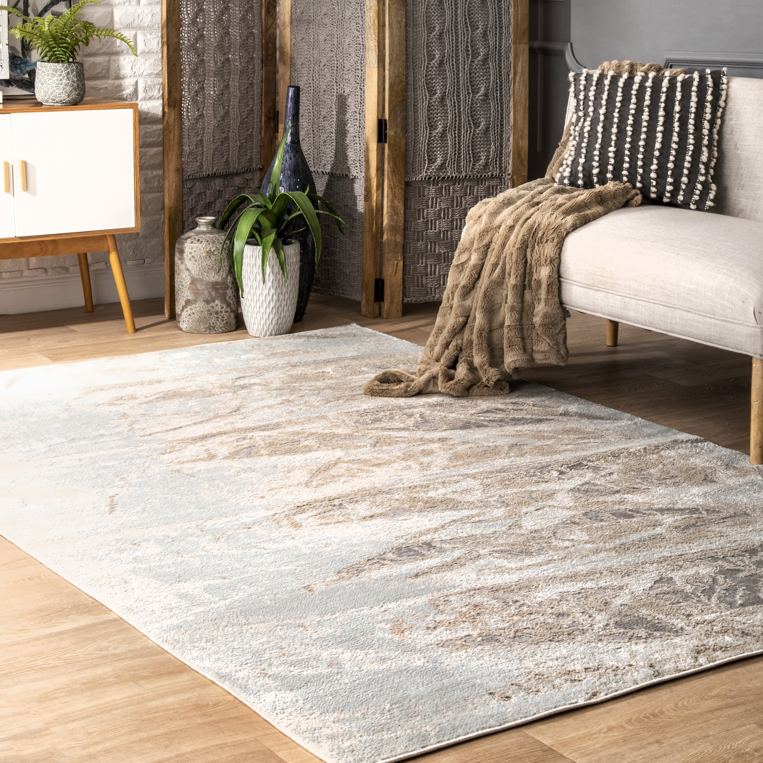 Abstract Mural Rug in Silver - Modern Geometric Area Rug for Living Room, Bedroom & Office Decor | Non-Slip Soft Floor Mat for Home Interior Design