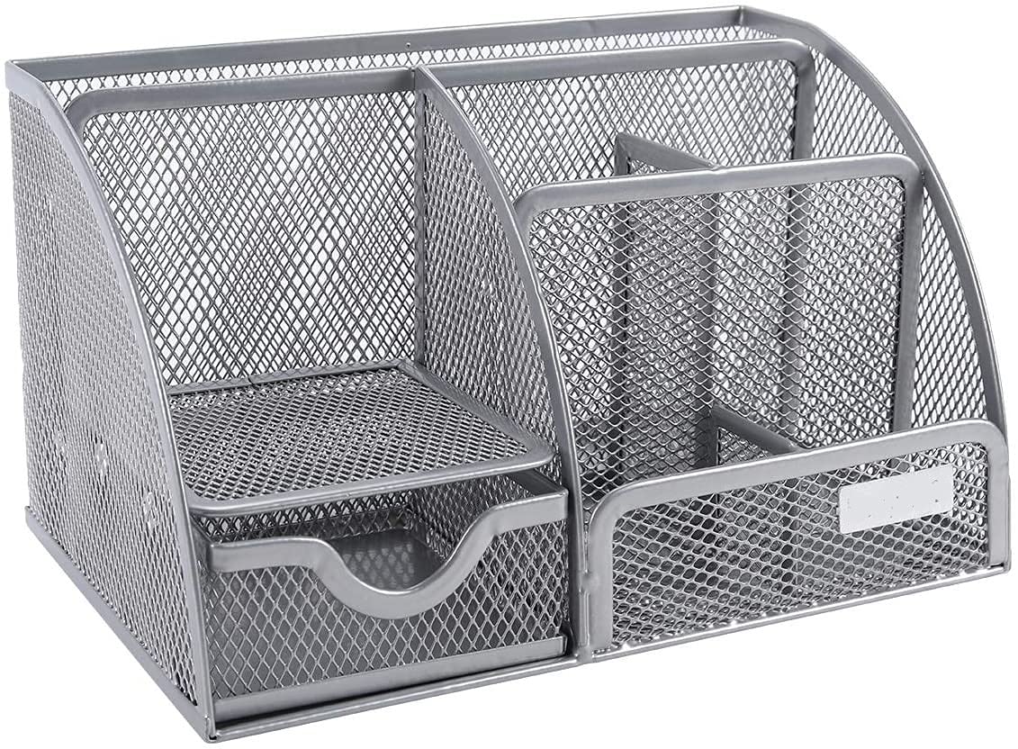 Stylish Silver Gray 6-Compartment Metal Desk Organizer - HomeRoots Office Supplies for Pens, Pencils, Scissors & Stationery - Perfect for Home Office, School & Workspace Organization