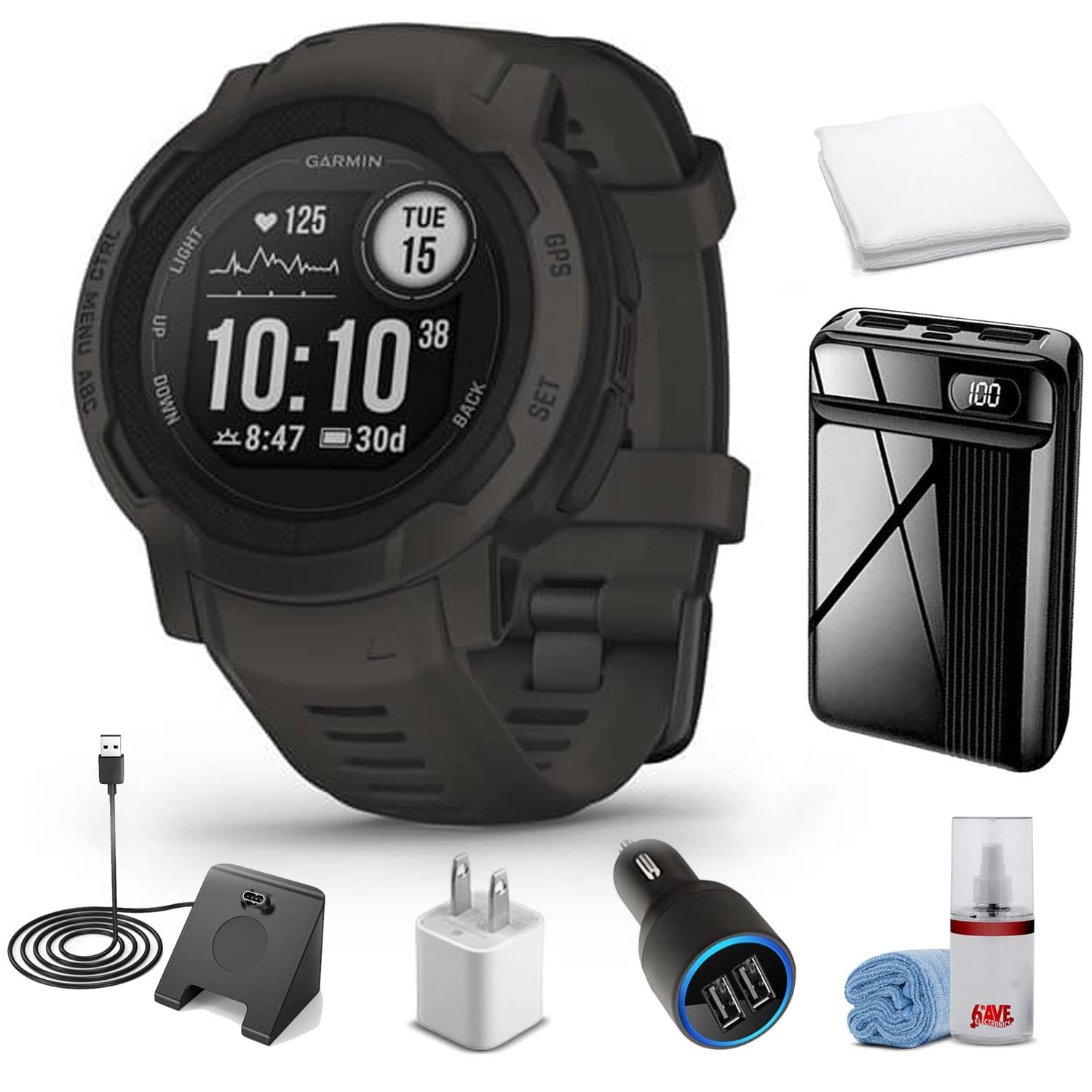 Garmin Instinct 2 Standard Edition Smartwatch - Graphite with Charging Stand, USB Adapter, Cleaning Kit & Workout Towel Bundle (010-02626-10) | GPS Fitness Watch for Running, Hiking & Outdoor Activities