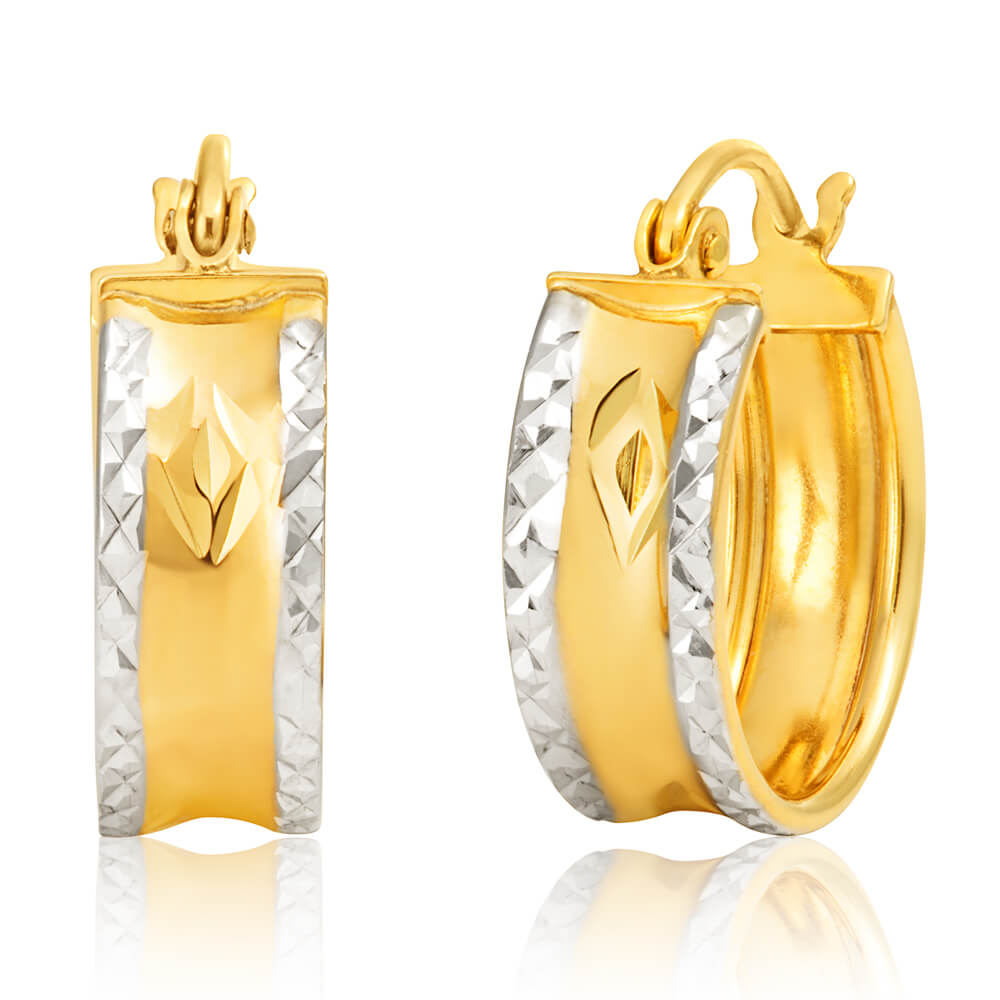 9ct Two Tone Gold Silver Filled Diamond Cut Hoop Earrings for Women - Elegant Everyday Jewelry for Work, Parties & Special Occasions