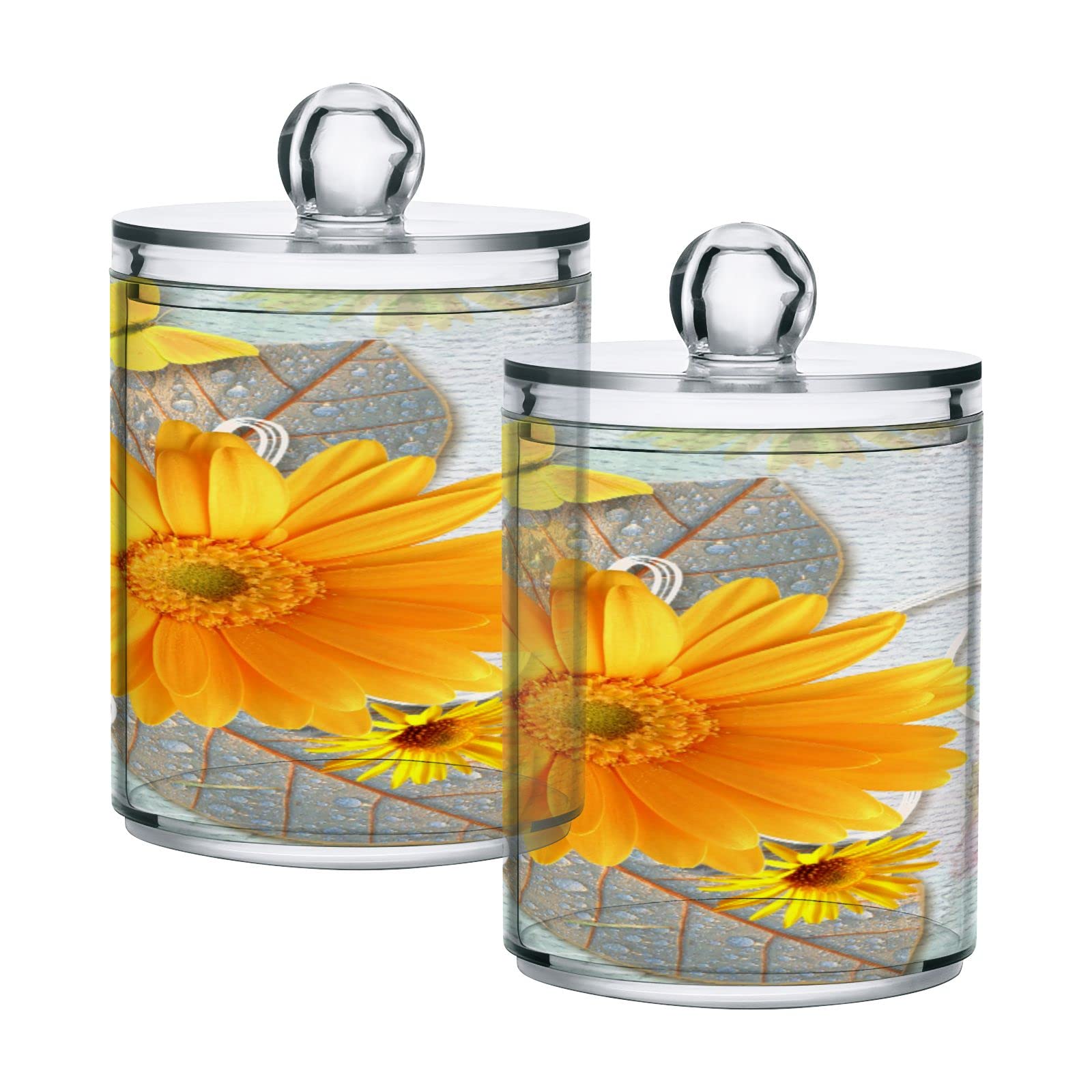 Gerbera Flowers Butterfly Bathroom Canisters Organizer 2 Pack - Clear Plastic Jars with Lids (10 Oz) for Cotton Balls, Round Pads, Swabs & Floss | Perfect Makeup Storage for Vanity, Countertop & Travel