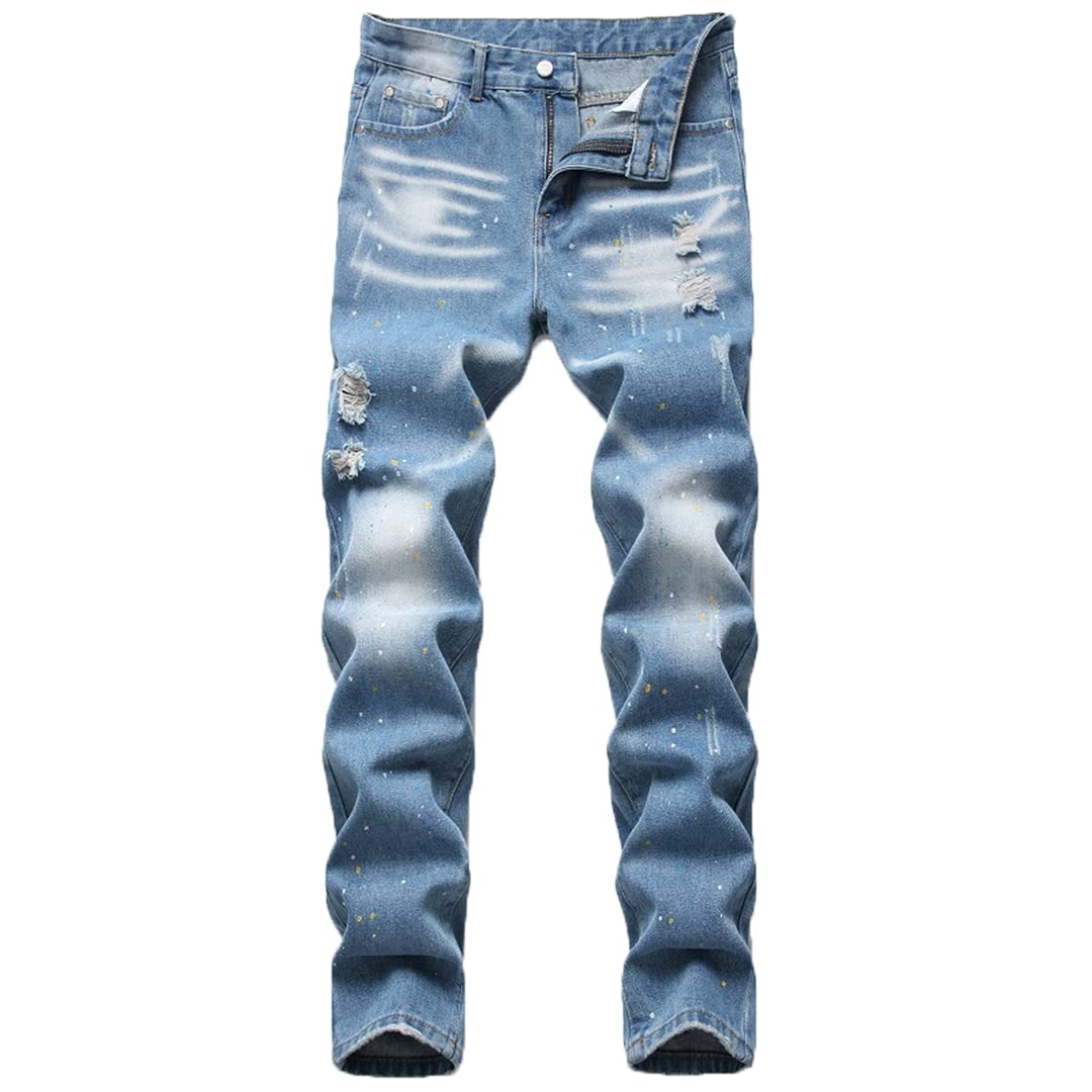 Men's Slim Fit Retro Blue Denim Jeans | Splash Ink Designer Jeans for Spring & Autumn | Casual Wear, Night Out, Office