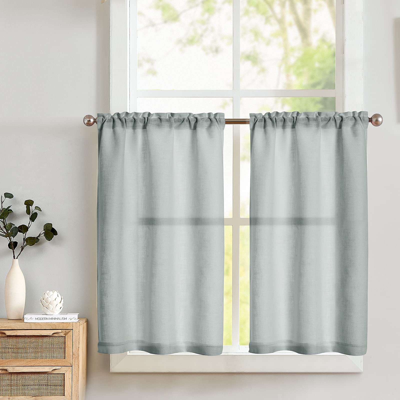 Linen Tier Kitchen Curtains - Semi Sheer Blue Cafe Curtains with Rod Pocket, 36 Inch Length (Set of 2 Panels) - Perfect for Bathroom, Basement Door & Window Decor - Blue Haze