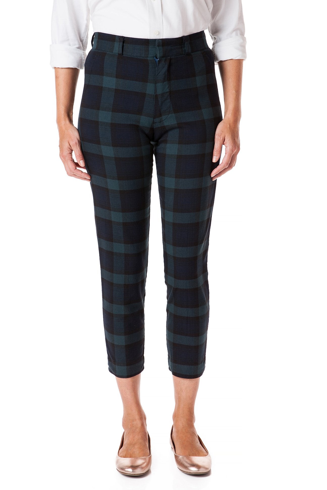Women's Stretch Twill Ankle Pants - Blackwatch Tartan Plaid Capri for Casual Wear & Office Outfits