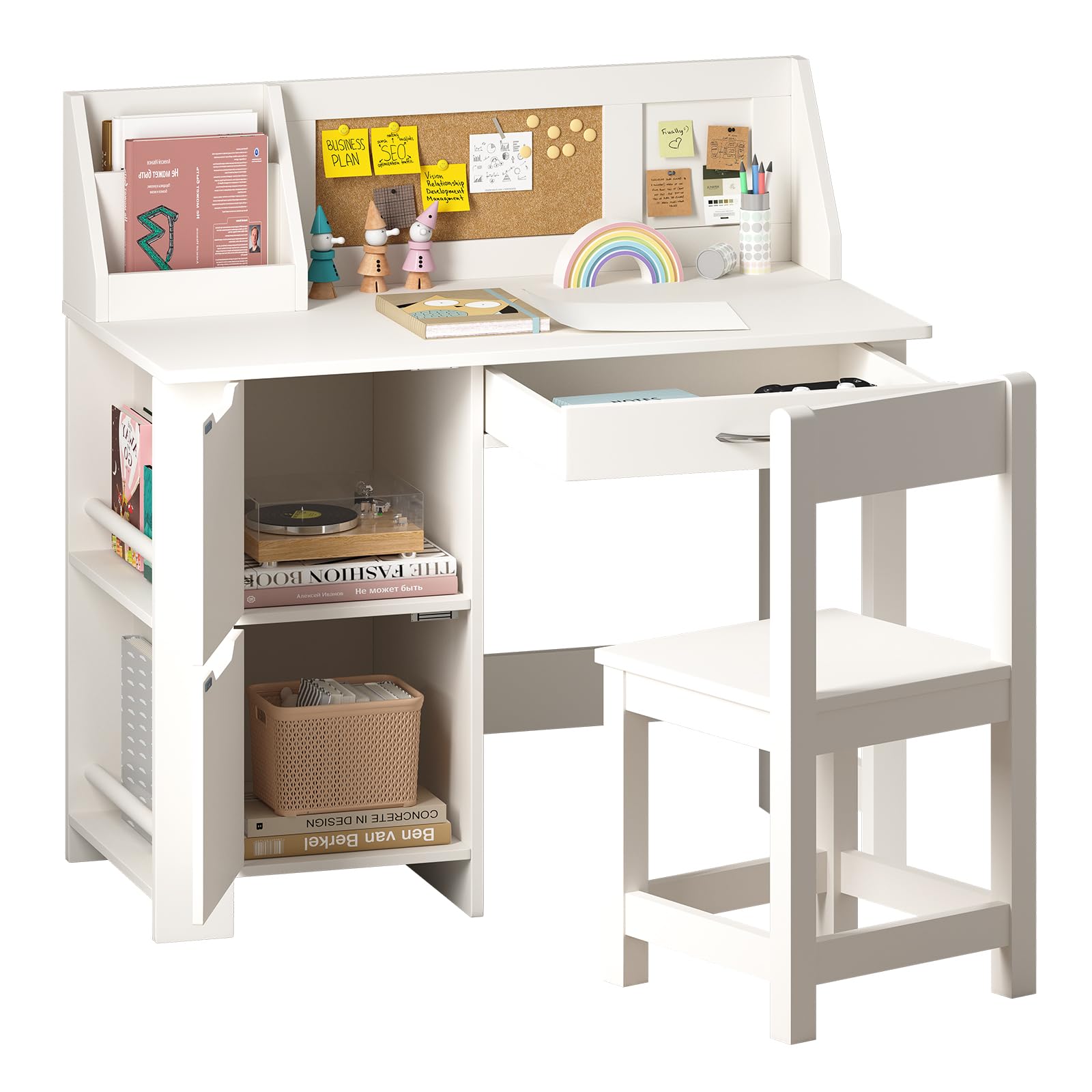 White Kids Desk and Chair Set - Wooden Study Table with Storage Drawers, Bookshelf & Bulletin Board for Boys and Girls - Perfect for Homework, Online Learning & Creative Activities