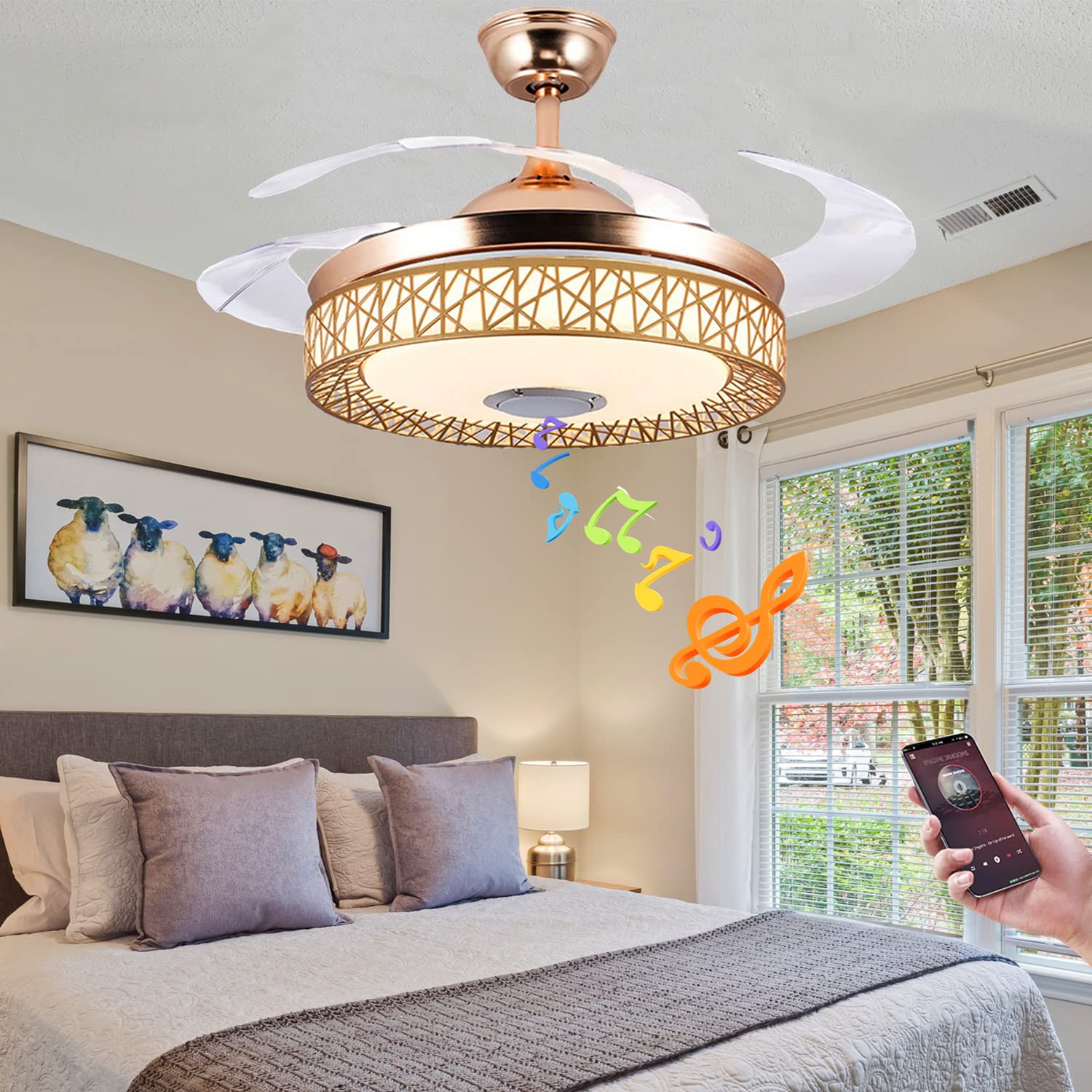 RuiWing 42 Inch Smart Ceiling Fan with Bluetooth Speaker, Retractable Blades, Remote Control & LED Light - 3 Speed Silent Motor, 3 Color Temperatures - Perfect for Living Room, Bedroom, and Home Office