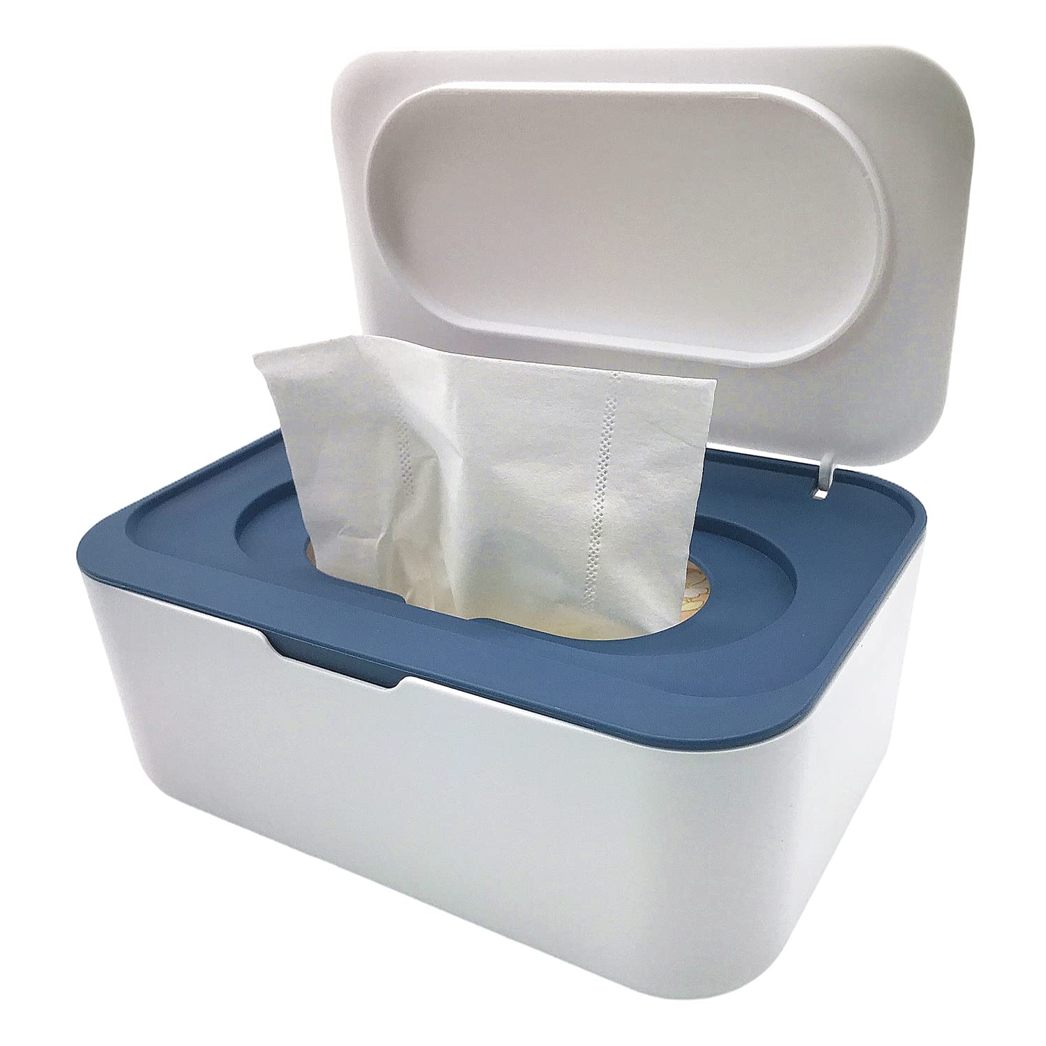Baby & Adult Wipes Dispenser with Airtight Seal - Portable Wipe Holder Case for Bathroom, Nursery, Bedroom, Office - White & Blue Storage Organizer for Diaper Wipes, Makeup Removers & Cleaning Cloths