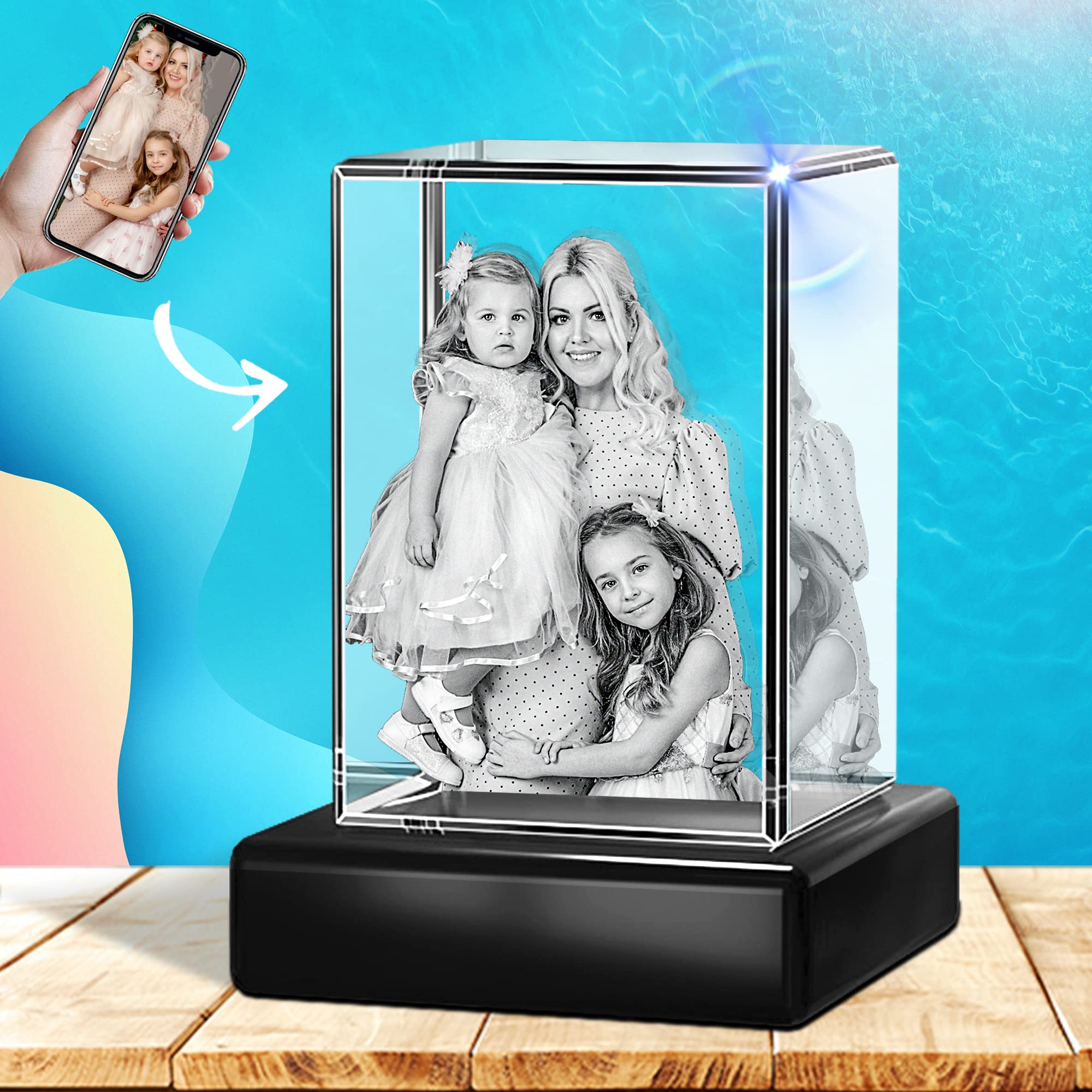 Eternalart Personalized 3D Crystal Photo with LED Light - Custom Engraved Glass Picture Gift for Mom, Grandma, Wife, Husband, Couples | Anniversary, Birthday, Wedding Present | Perfect for Home Decor, Office Display, and Special Occasions