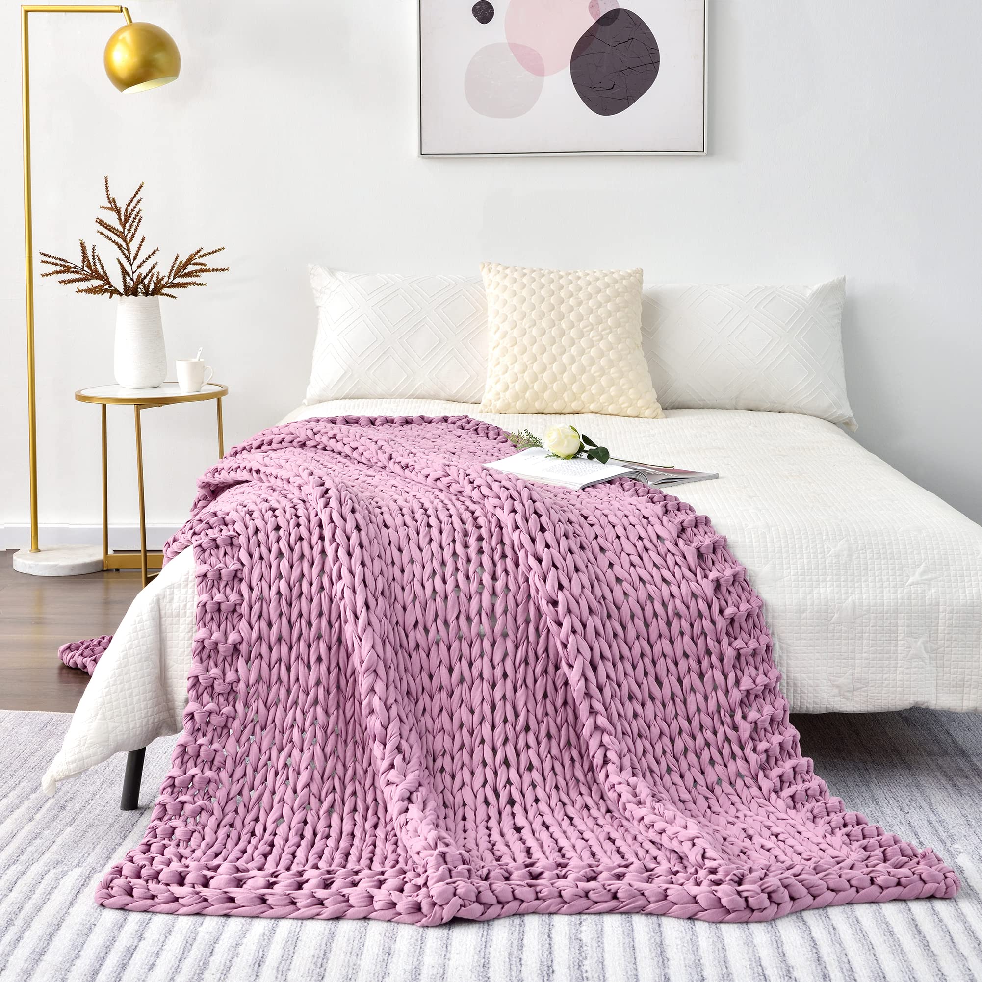 Alzoear 20lbs Chunky Knitted Weighted Blanket - Handmade Cotton Throw Blanket for Adults & Kids - Anxiety Relief & Better Sleep - Light Purple 48