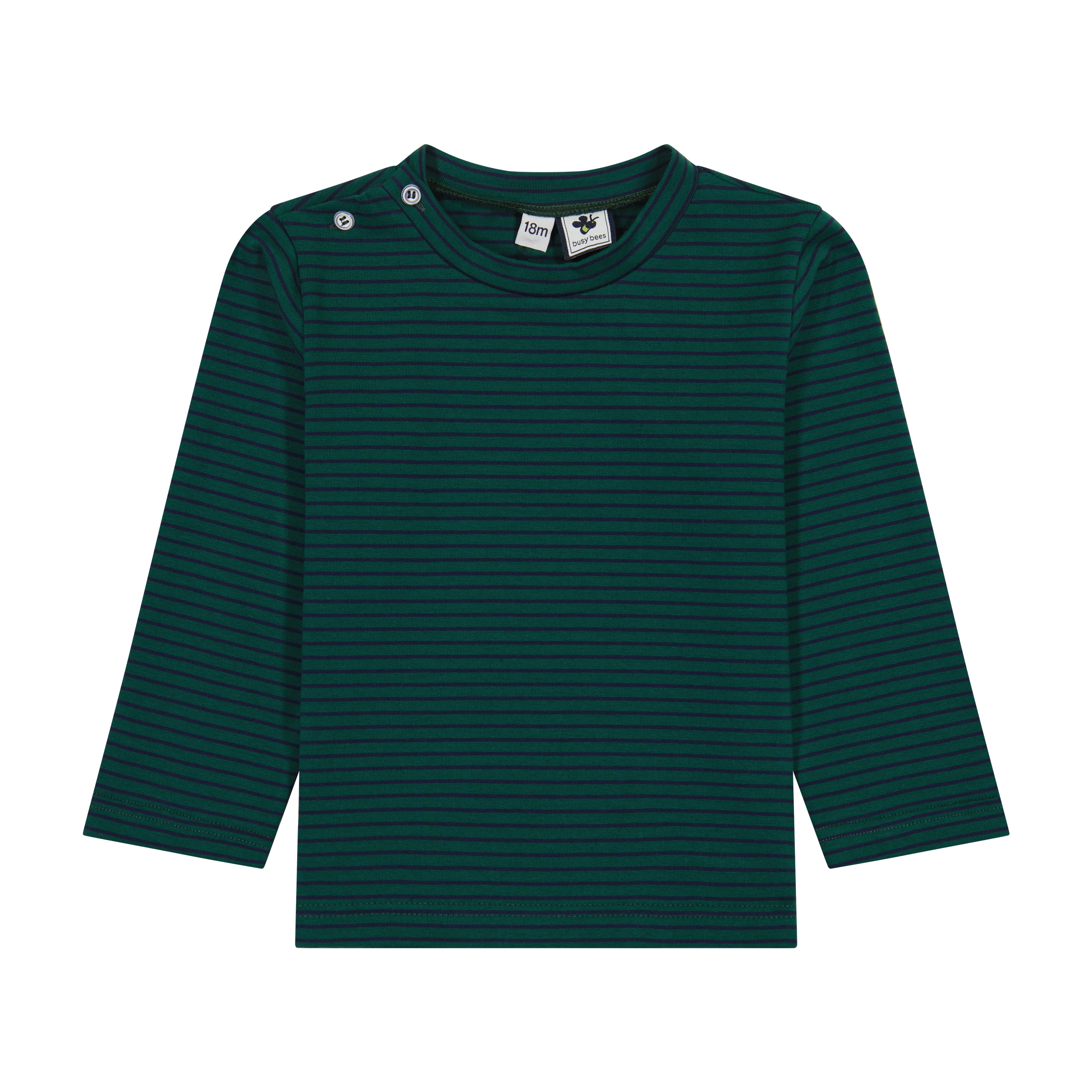 Henry Boys Button Shoulder Long Sleeve Tee - Forest Navy Stripe Cotton Shirt for Kids | Casual School Wear & Playdate Outfit