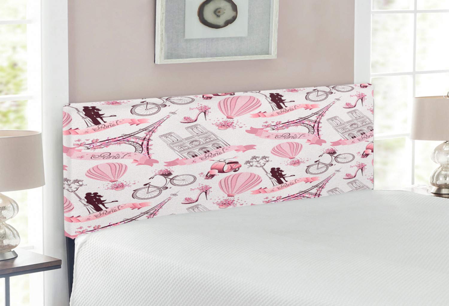 Ambesonne Paris Themed Headboard - Eiffel Tower, Hot Air Balloon & Floral Design Upholstered Metal Bed Headboard with Memory Foam | Full Size in Pale Pink & White | Perfect for Romantic Bedrooms, Honeymoon Suites & Paris-Inspired Home Decor