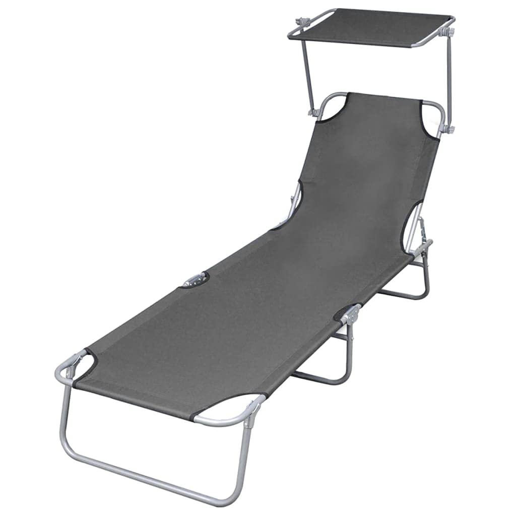 Hongxinq Outdoor Lounge Chairs - Portable Steel Tanning Chair with Adjustable Canopy | Foldable Beach Chair for Outdoor, Indoor, Garden & Poolside Use | Gray Patio Furniture for Relaxing in Sun, Shade or Backyard