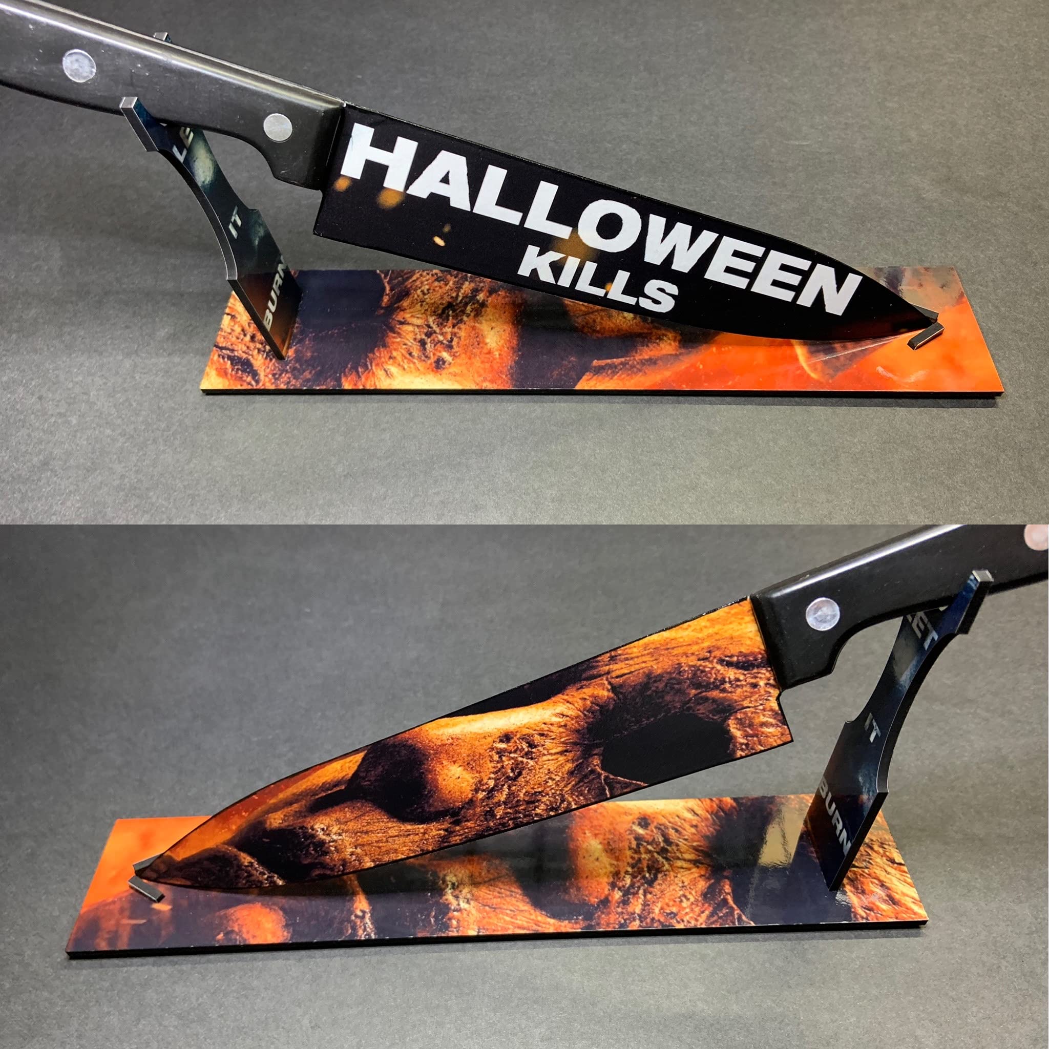 Halloween Kills Knife with Sublimated Stand - Horror Movie Collectible, Cosplay Prop, Halloween Decoration for Parties and Themed Events