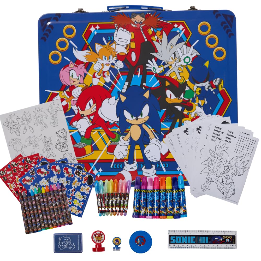Sonic The Hedgehog Deluxe Kids Activity Set - 200+ Pieces with Carrying Tin, Coloring Pages, Stickers & Art Supplies | Creative Play, Travel Toys & Birthday Gifts for Boys & Girls