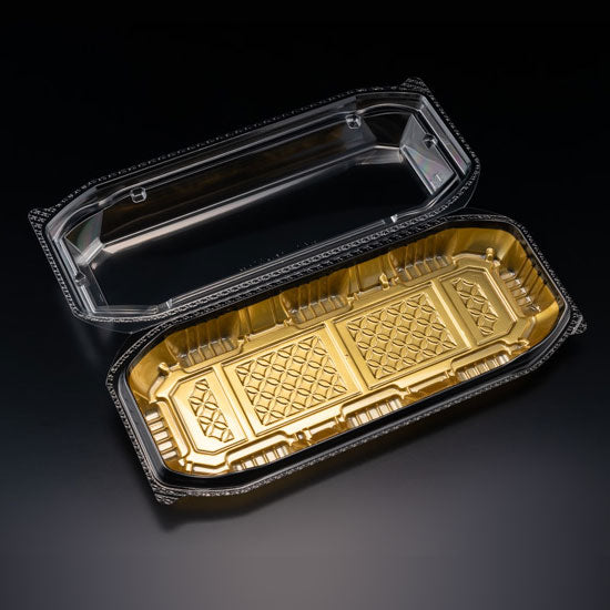 Eco-Friendly BioPET Neo Shell Hinged Gold Sushi Takeout Tray 9.6