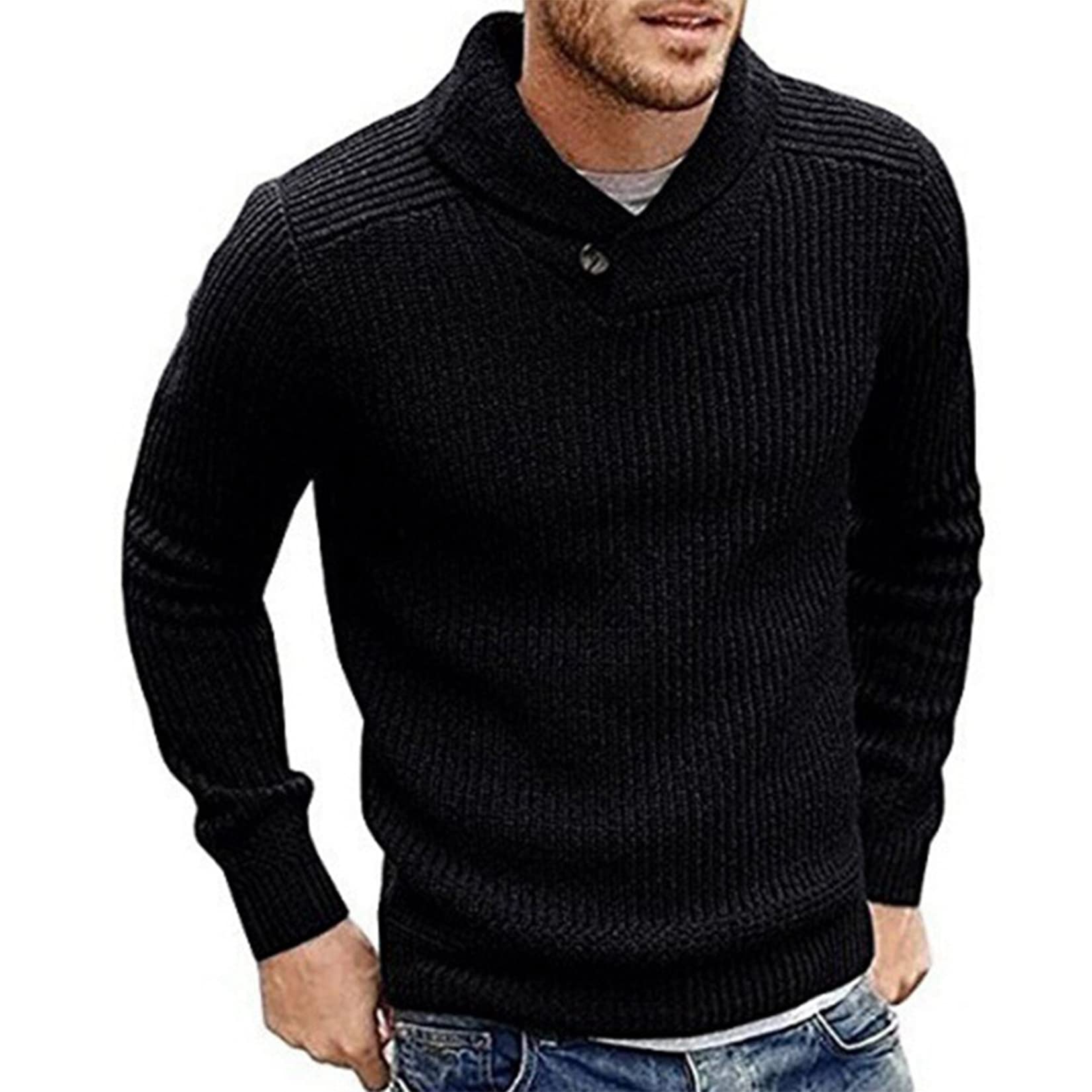 Men's Slim Fit Chunky Knit Sweater - Shawl Collar Pullover for Casual Wear