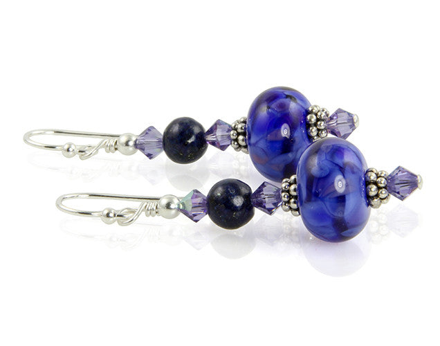 Handmade Tanzanite Blue Lampwork Glass Bead Earrings for Women – Elegant Dangle Earrings for Parties, Weddings & Special Occasions