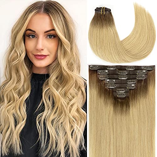 Loxxy Glam Seamless Clip-in Human Hair Extensions - 100% Remy Human Hair, Silky Straight, Ultra-Invisible PU Tape Rooted - Dark Brown to Dark Ash Blonde Ombre - 110g, 7pcs, 18inch - Perfect for Daily Wear, Parties & Special Occasions