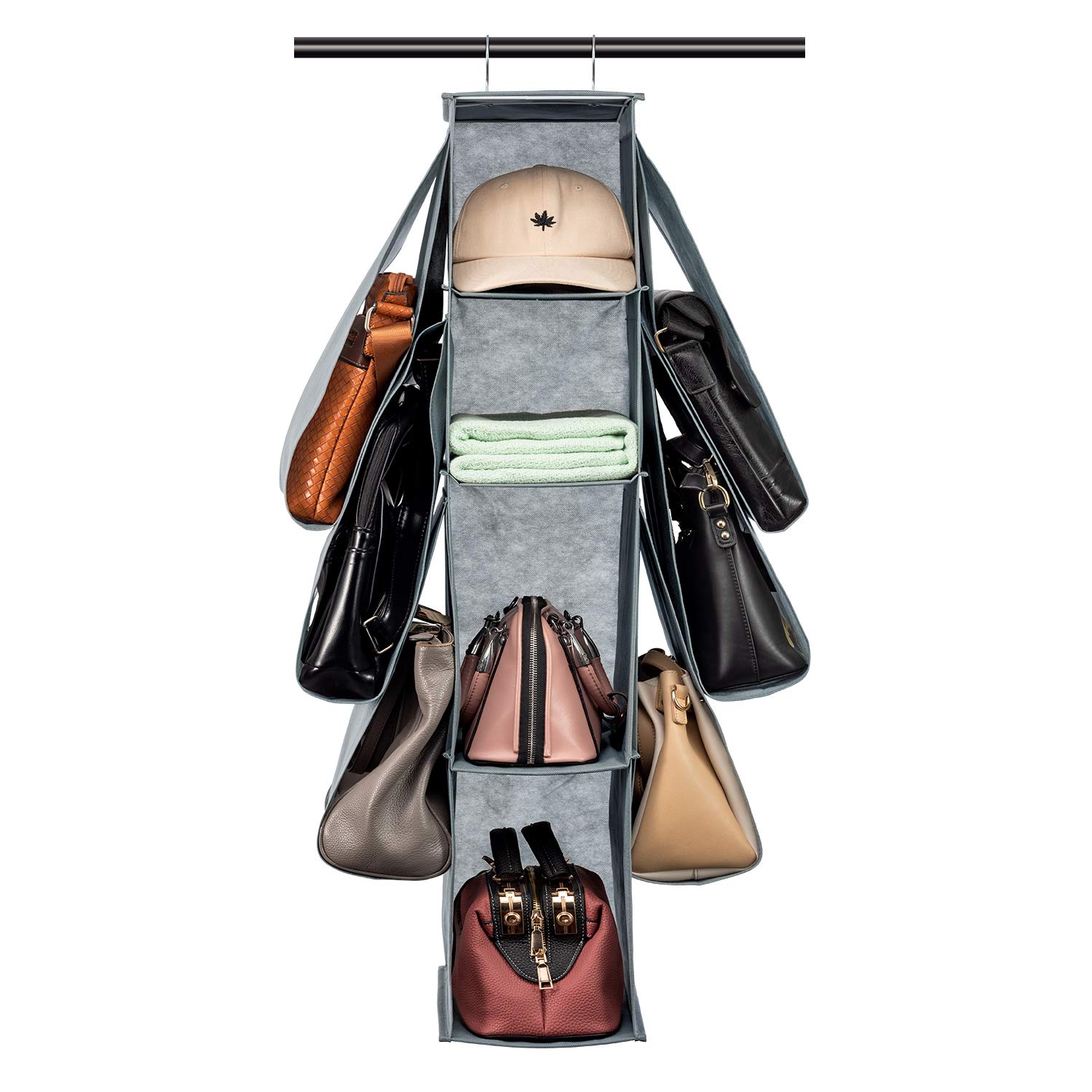 SAVERHO 10-Pocket Hanging Purse Organizer for Closet - Grey Handbag Storage Solution for Wardrobe Accessories | Perfect for Small Spaces & Closet Organization