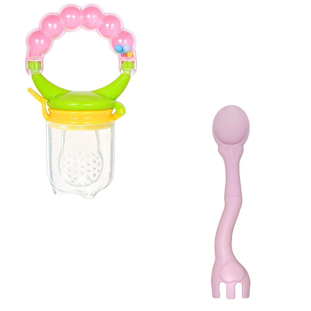 Kritiu BPA-Free Silicone Rattle Teether & Baby Spoons Set - Safe Teething Toys for Babies 6+ Months - Soft Infant Feeding Utensils & Soothing Teethers (Pink) | Perfect for On-the-Go, Mealtime & Playtime