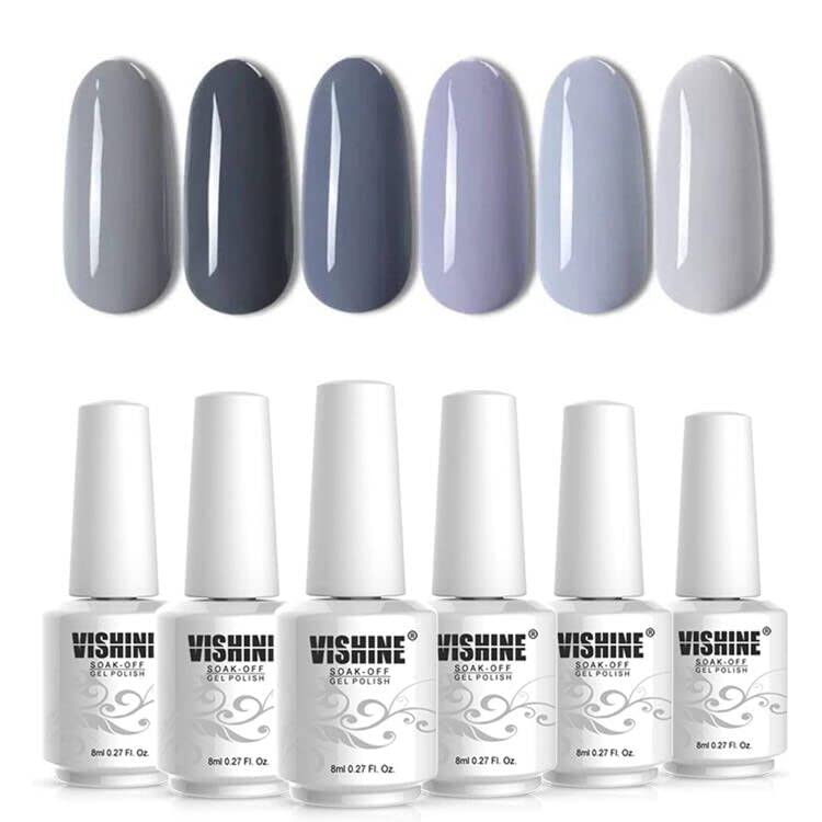 Vishine 6-Piece Gray Gel Nail Polish Set - Soak Off UV Gel Nail Lacquer Kit for Manicure & Nail Art | Perfect Starter Gift Set (8ml Each) | Salon Quality & DIY Home Nail Care