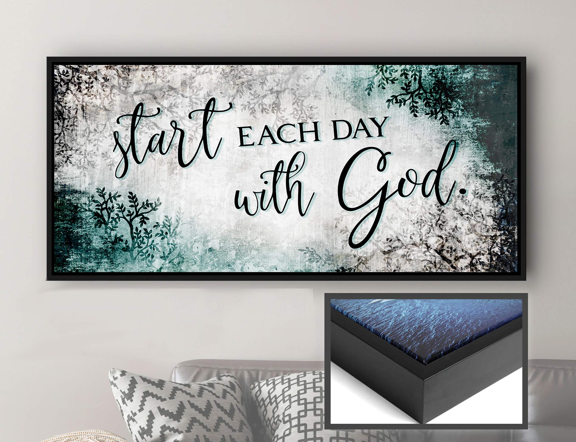 Start Each Day With God - Inspirational Religious Wall Decor with Positive Quotes, Teal & Black Floating Frame 42x19, Perfect for Bedroom, Living Room & Spiritual Spaces