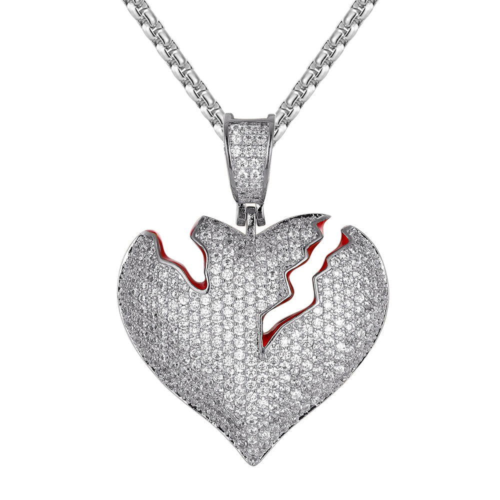 Bling Broken Love Heart Red Enamel Silver Charm Pendant with Free Chain - Perfect for Valentine's Gifts, Anniversary Jewelry & Romantic Accessories
