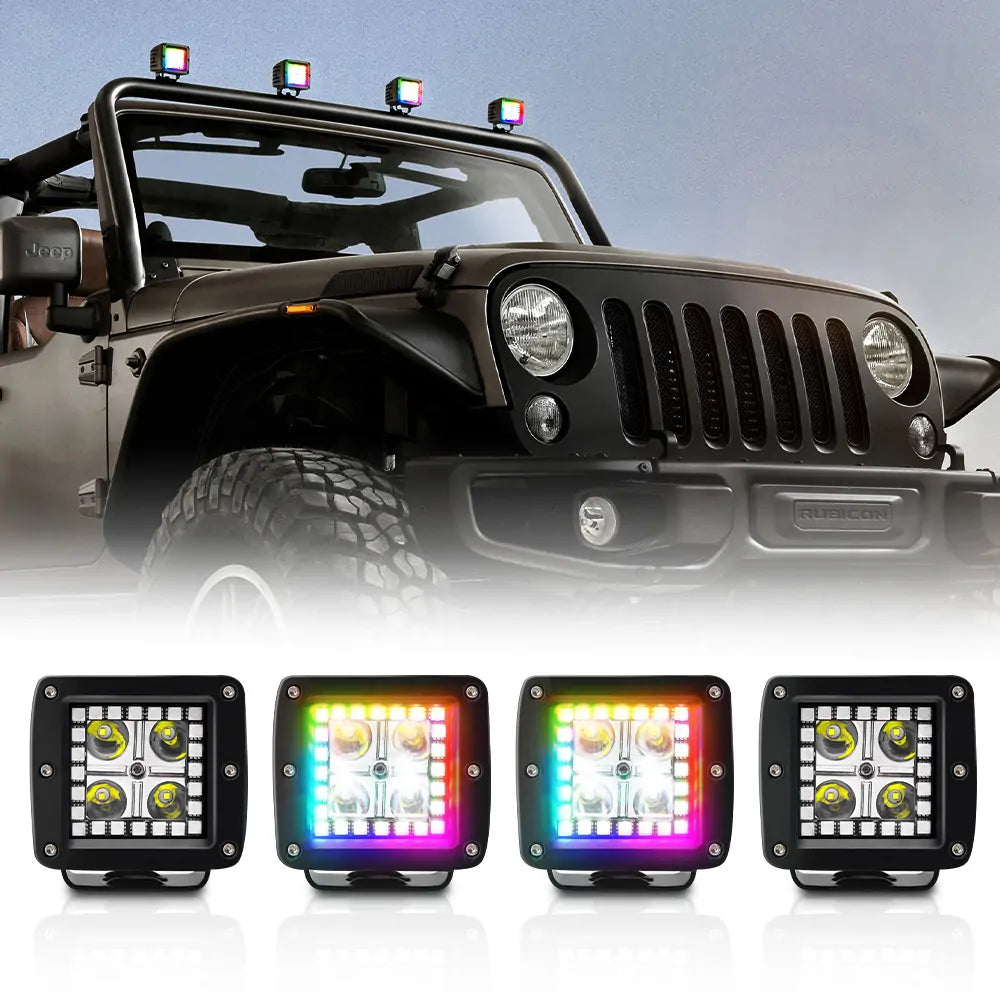 12W 3 RGB Chasing LED Light Pods for Off-Road Vehicles - 4 Pack | Waterproof ATV/UTV Lighting for Night Driving, Camping & Outdoor Adventures