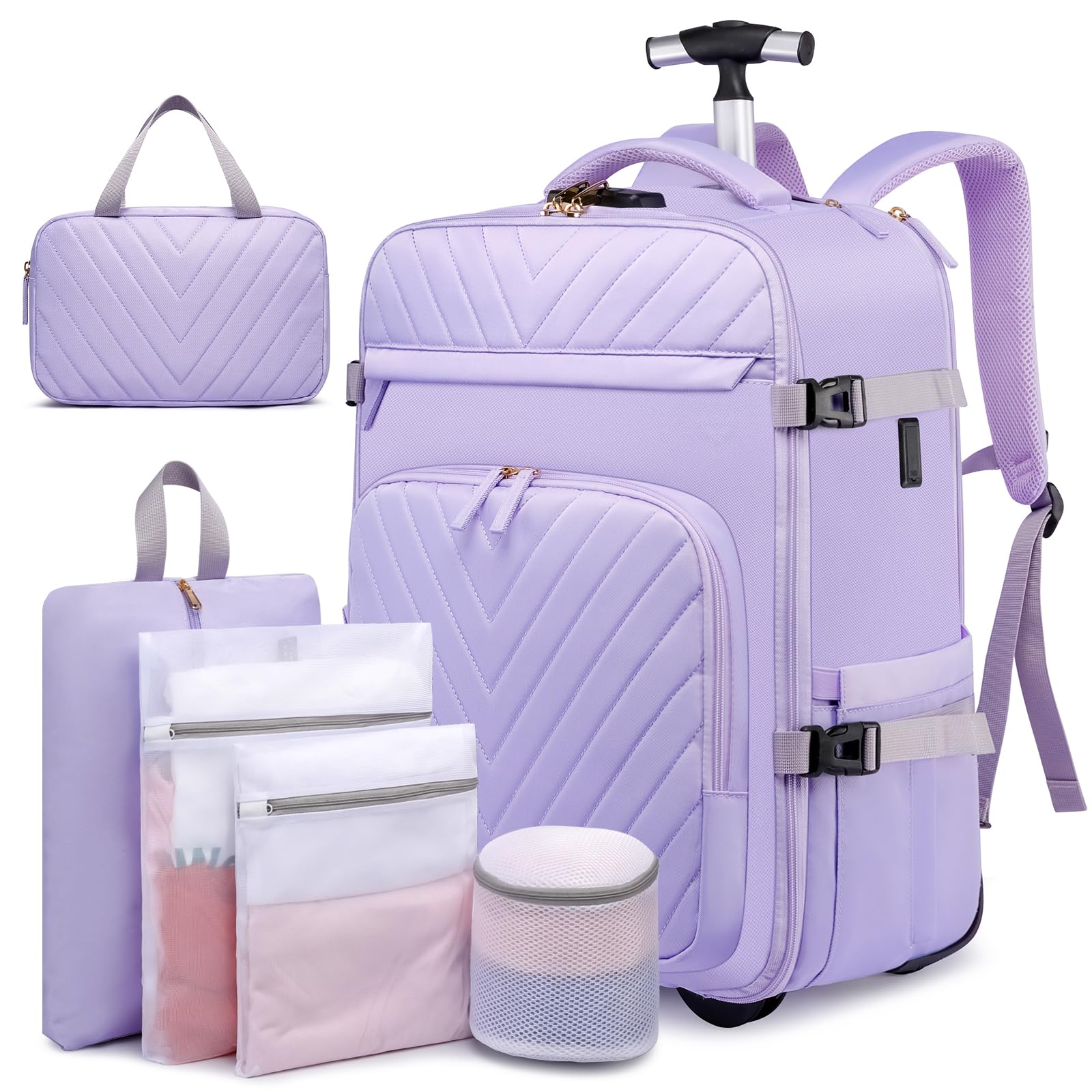 Anti-Theft Rolling Backpack for Women - 20 Inch Wheeled Laptop Backpack with USB Charging Port & Lock, Waterproof Business Travel Backpack with 6 Compartments (Purple) - Perfect for Commuting, Air Travel & College Campus Use