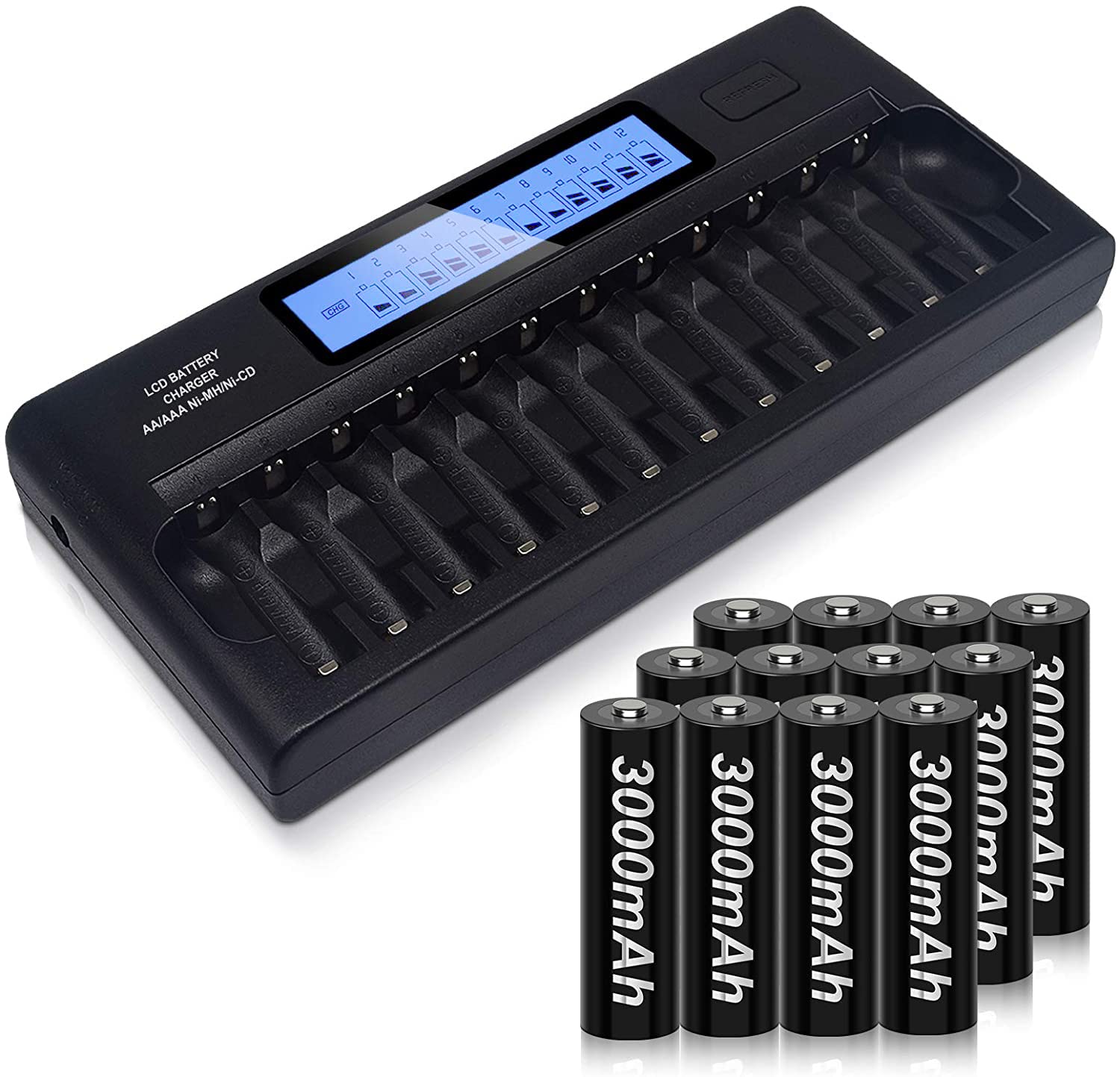 Tenberly 12 Pack AA 3000mAh Ni-MH Rechargeable Batteries with Smart LCD Charger - High Capacity 1.2V AA Batteries for Digital Cameras, Game Controllers & Home Electronics - Includes 12 Slot AA/AAA Battery Charger