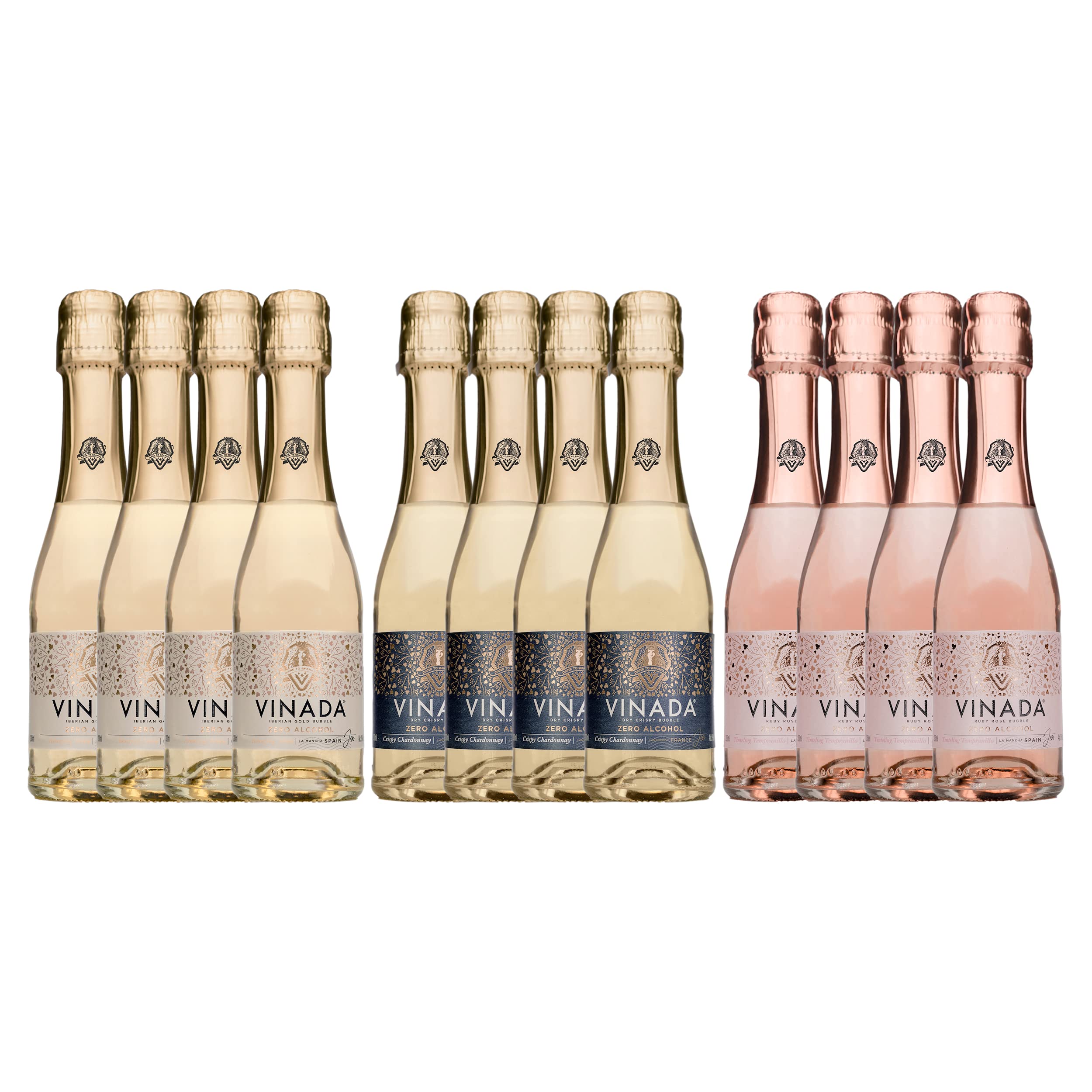 VINADA - Crispy Chardonnay, Sparkling Gold, Rosé Mini Variety Pack - Alcohol Free Wine - 200ml (12 Glass Bottles) - Perfect for Parties, Gifts & Sober Celebrations