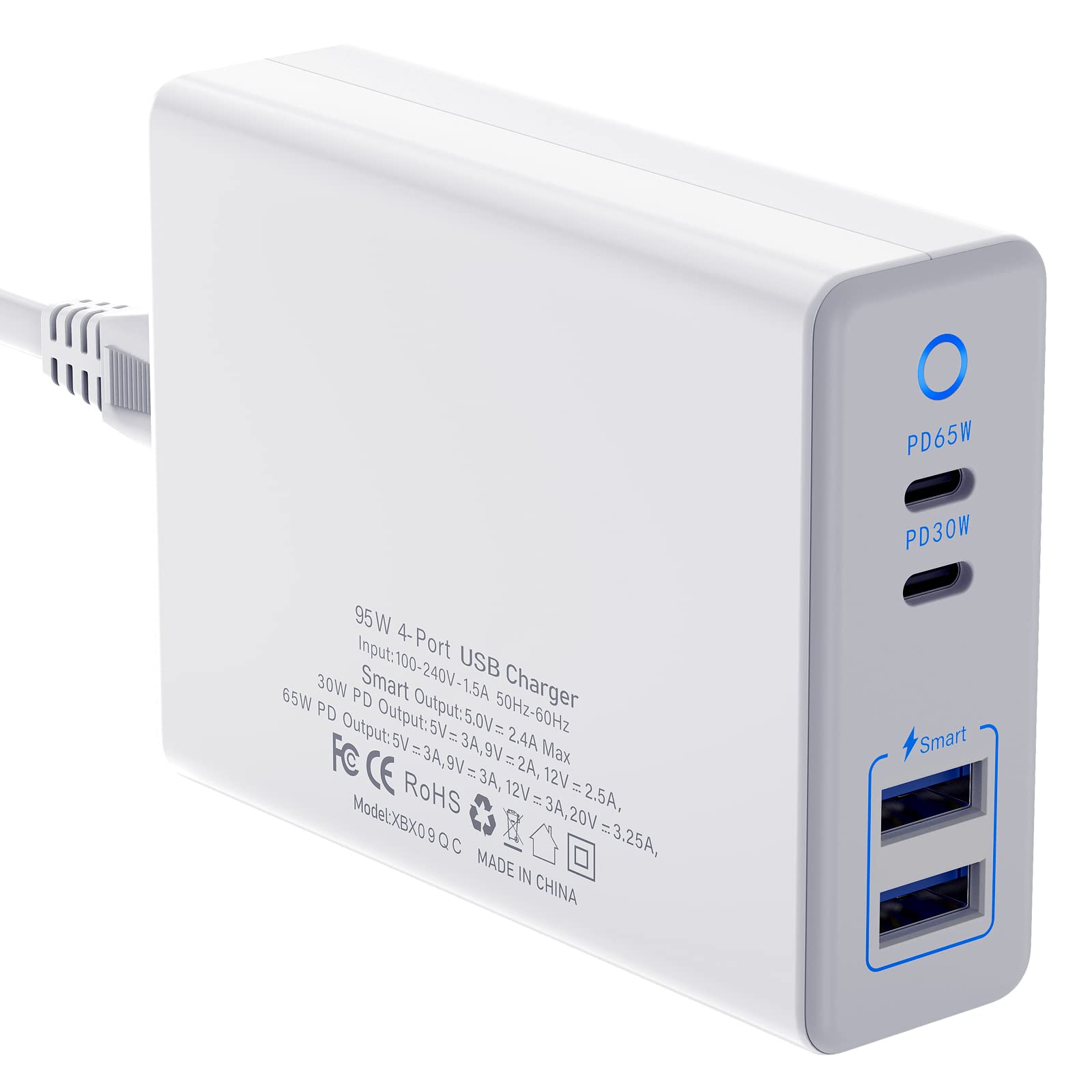 95W 4-Port USB Fast Charger Block with 2 USB-A & 2 USB-C Ports - Universal Desktop/Wall Charger Hub for iPhone, Samsung, iPad, Smartwatch & Wireless Earbuds - Perfect for Home, Office & Travel Charging Multiple Devices Simultaneously